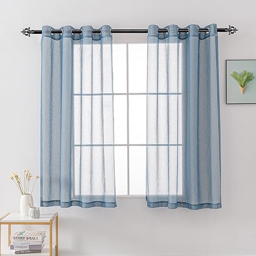 HUTO Cortinas traslúcidas color azul polvoriento de 45 pulgadas de largo para ventana de cocina, juego de 2 paneles con ojales que filtran la luz,