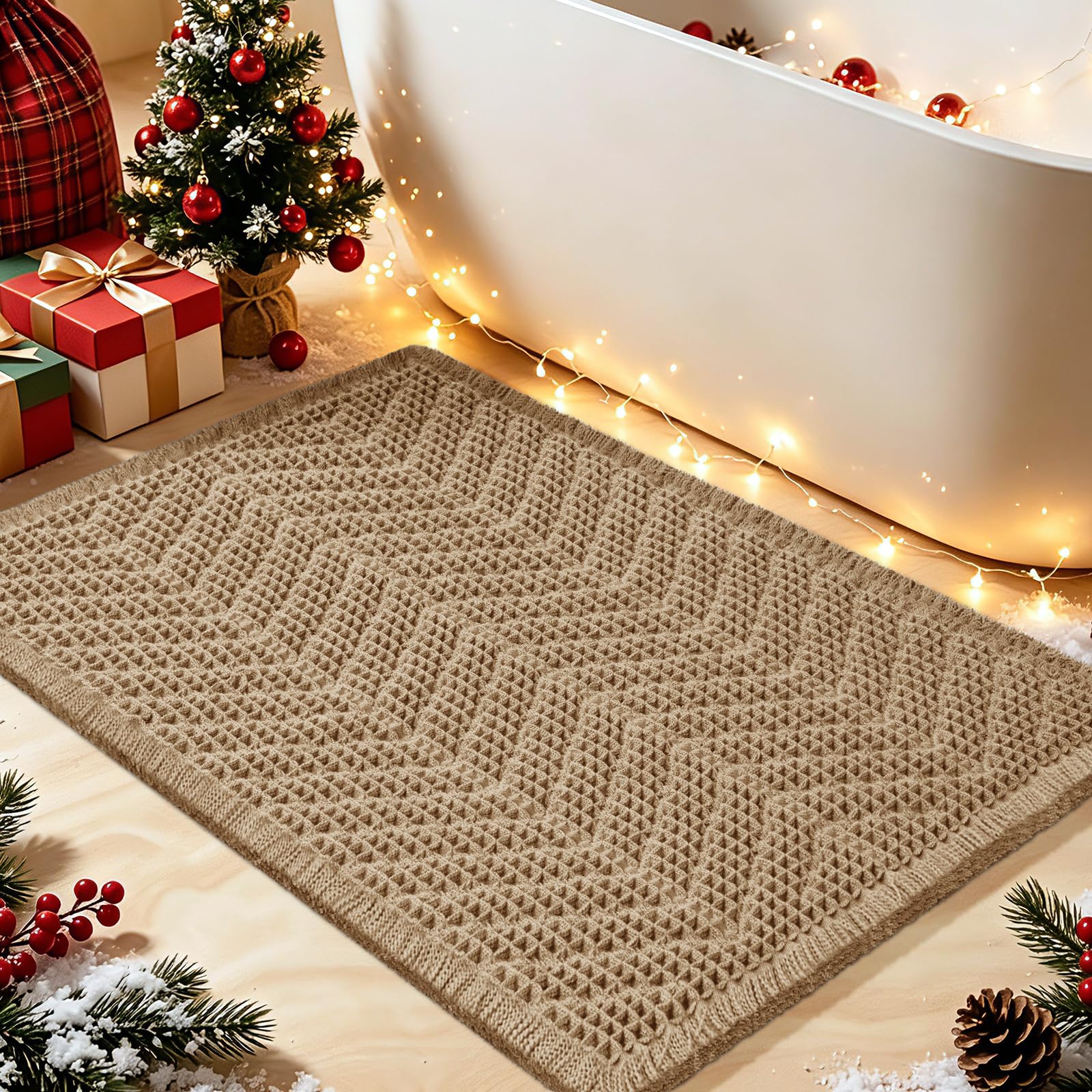 Upgrade Waffle Bath Mat, Boho Bathroom Rugs Absorbent Non Slip, Ultra Soft Bathroom Mat, Machine Washable Knit Bath Rugs with Herringbones for Bathroom, Bedroom, Kitchen, Shower, Tub,32"x20", Beige