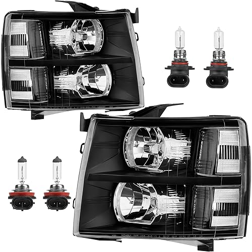Headlight Assembly Compatible with 2007-2013 Chevy Chevrolet Silverado 1500 2500HD 3500HD Front Lamp with Bulb Black Housing/Clear Lens/Clear Corner