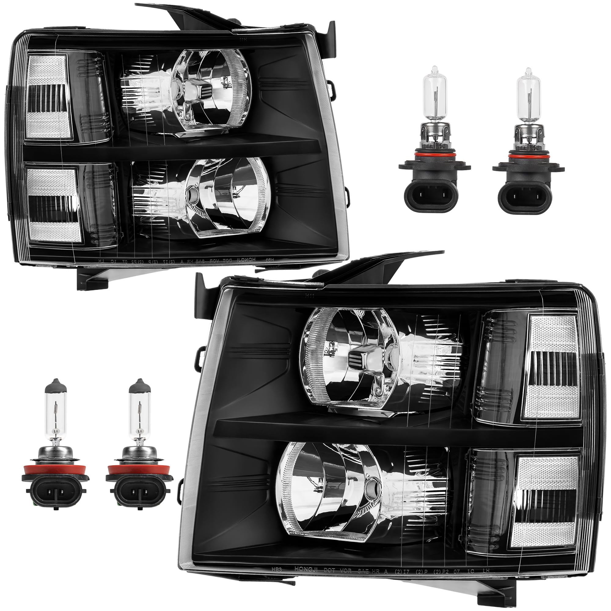 Headlight Assembly Compatible with 2007-2013 Chevy Chevrolet Silverado 1500 2500HD 3500HD Front Lamp with Bulb Black Housing/Clear Lens/Clear Corner