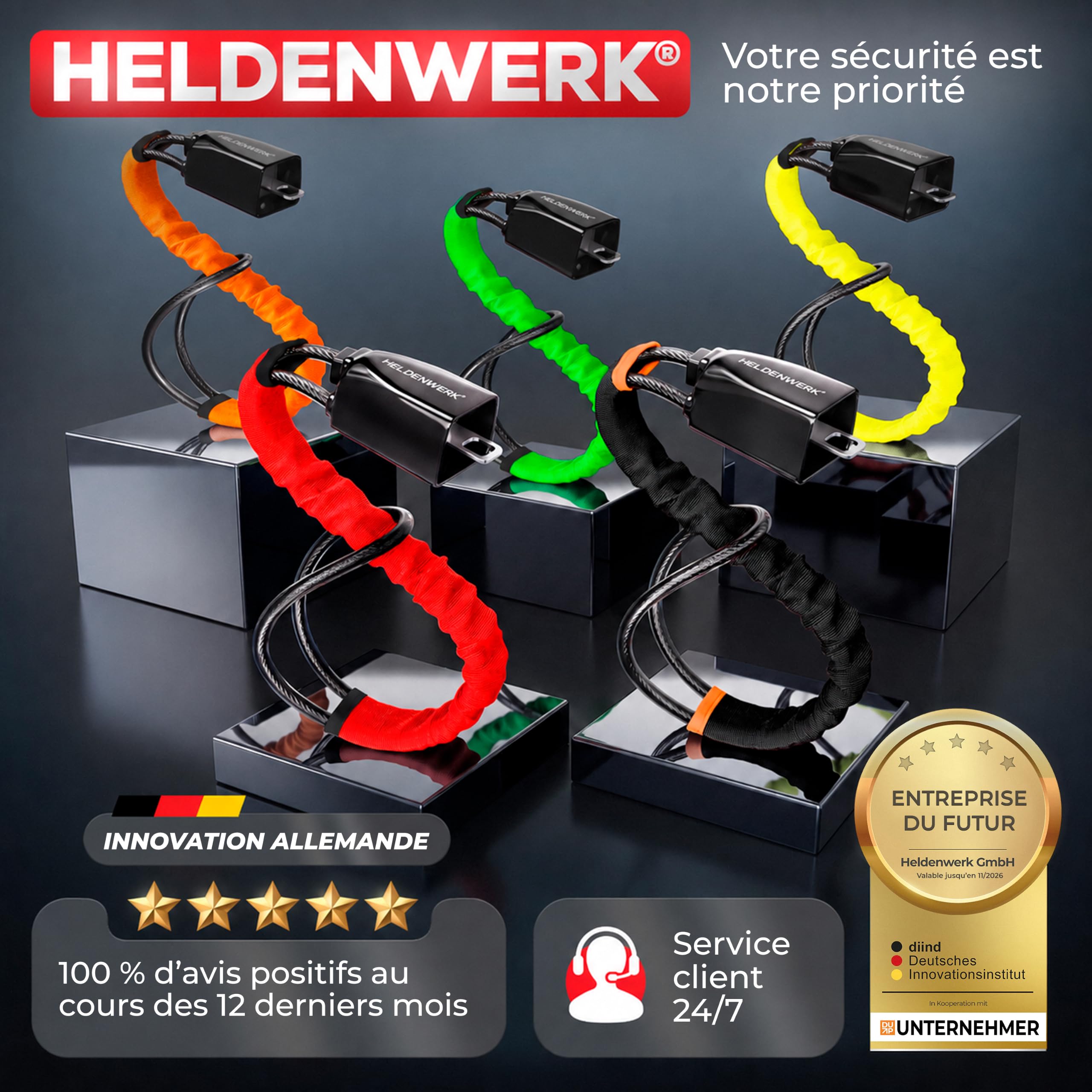 HELDENWERK® Antivol de volant pour voiture et camping-car - En métal - Ajustement universel - Antivol de volant avec câble en acier épais - Anti-démarrage - Avec 3 clés de sécurité - Rouge