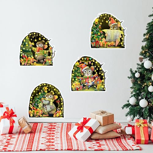 Miniatura 6 de Calcomanías de pared de Navidad, 8 unidades, calcomanías de pared de ratones de Navidad que brillan en la oscuridad, decoración de pared de árboles