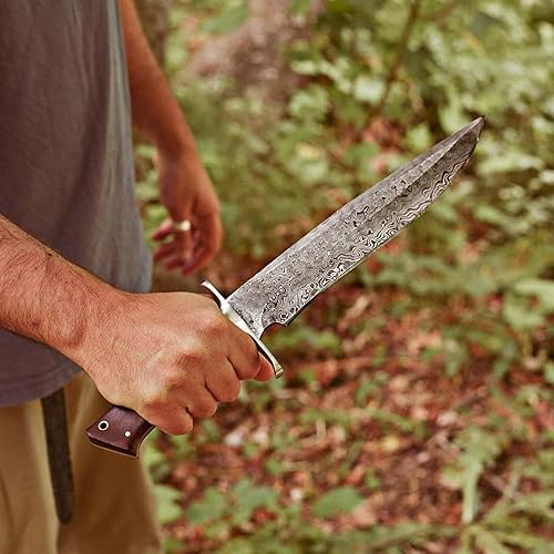 Miniatura 7 de BIGCAT ROAR Cuchillo de caza de Damasco hecho a mano de 14 pulgadas con funda de cuero, ideal para cortar, acampar al aire libre - Cuchillo grande