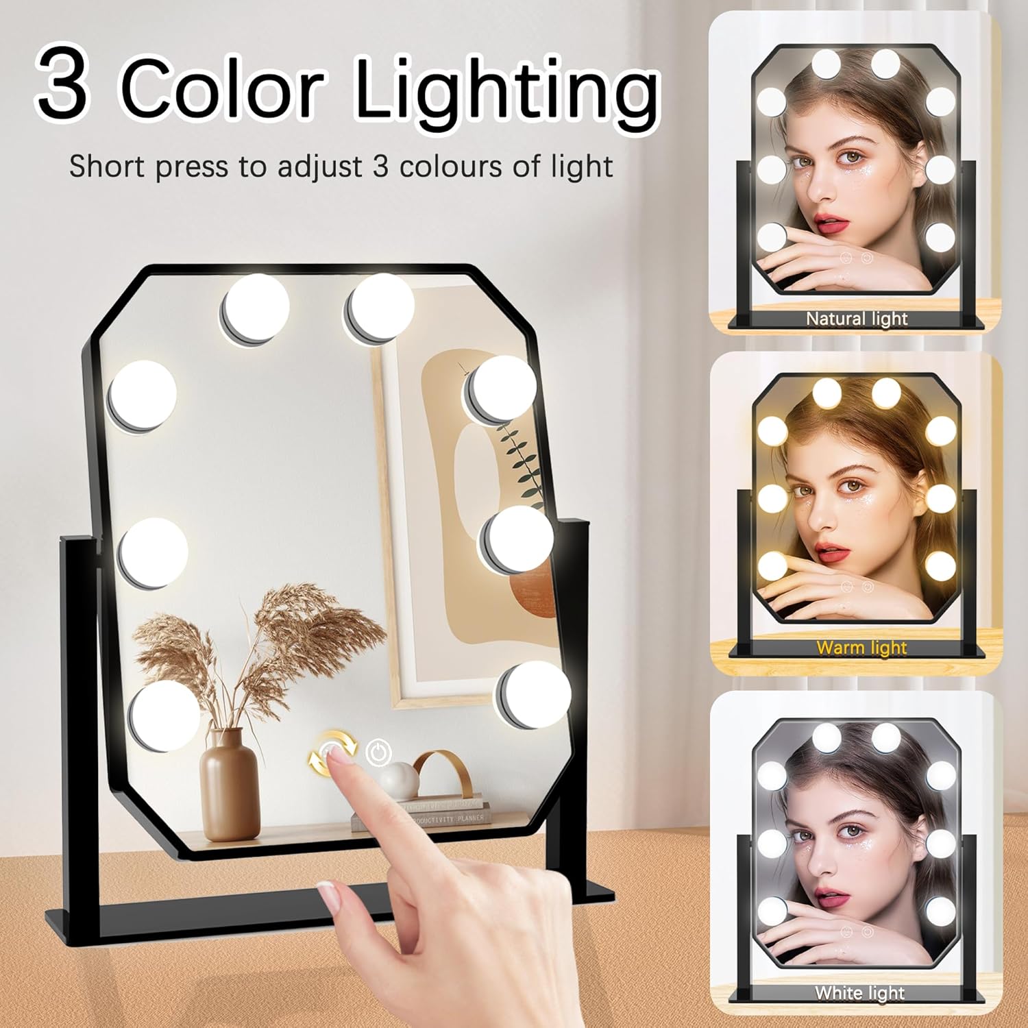 Hollywood Vanity Mirror with Lights - LED Makeup Mirror with 3-Color Dimmable Lights, Smart Touch Control, Detachable 5X Magnifier - Light Up Mirror for Bedroom, Tabletop Make Up Mirror with Lighting