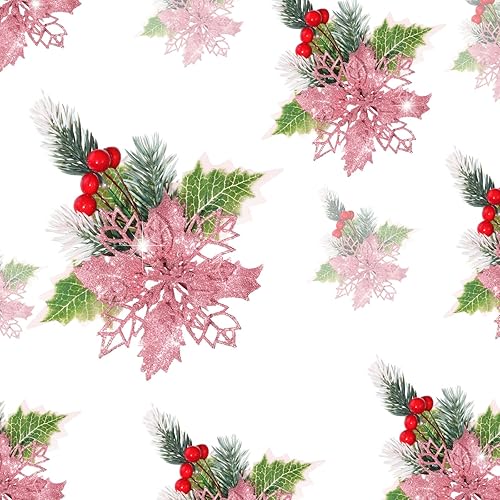 Hotop 12 flores de pascua artificiales con purpurina para Navidad, flores artificiales de Navidad con clips, flores de Pascua para decoración de