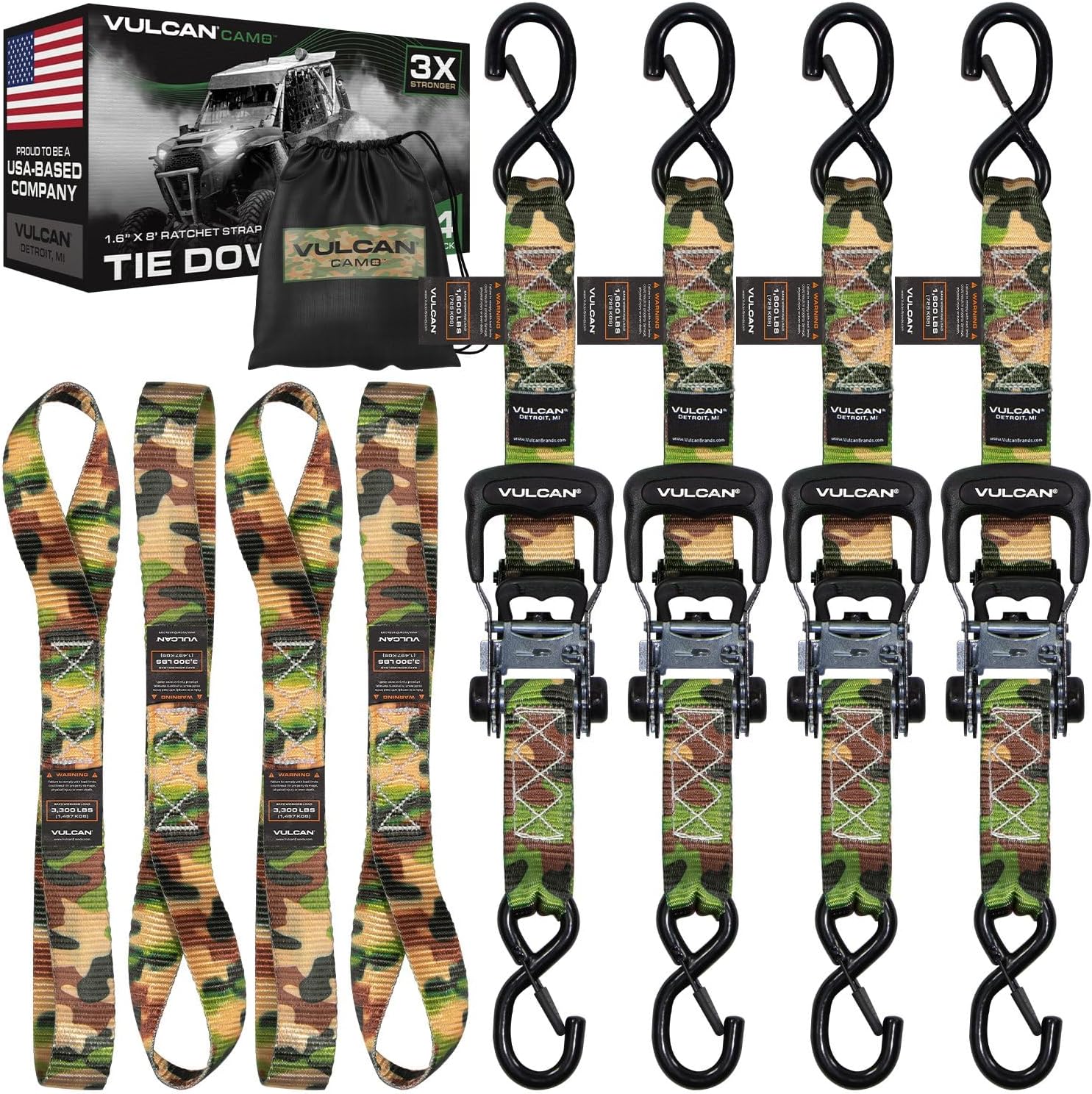 VULCAN Ratchet Strap Tie Down Kit - 1.6" x 8' - 3X Stronger Than 1" Tie Downs - Camouflage - (4) Ratchets with Rubber Handles, (4) 8' Straps with Latching S-Hooks, (4) Soft Loop Tie-Down Extensions