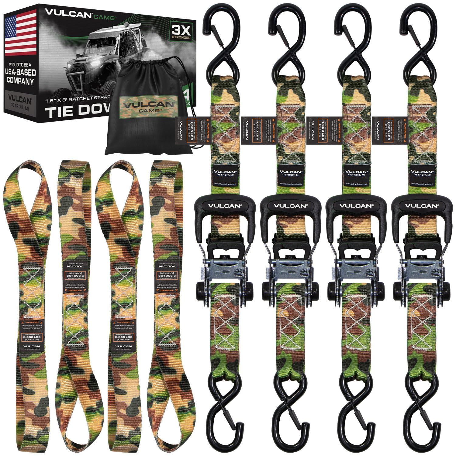 VULCAN Ratchet Strap Tie Down Kit - 1.6" x 8' - 3X Stronger Than 1" Tie Downs - Camouflage - (4) Ratchets with Rubber Handles, (4) 8' Straps with Latching S-Hooks, (4) Soft Loop Tie-Down Extensions