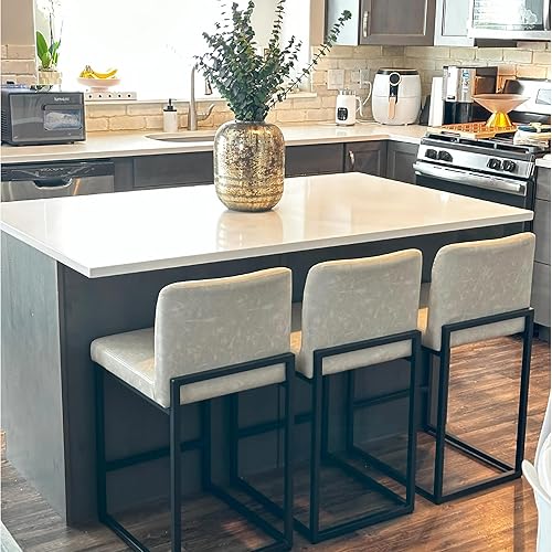 PHI VILLA Bar Stools Set of 3 - Counter Height Bar Stool Leather Stools for Kitchen Counter, 24 Inch Bar Stools with Back