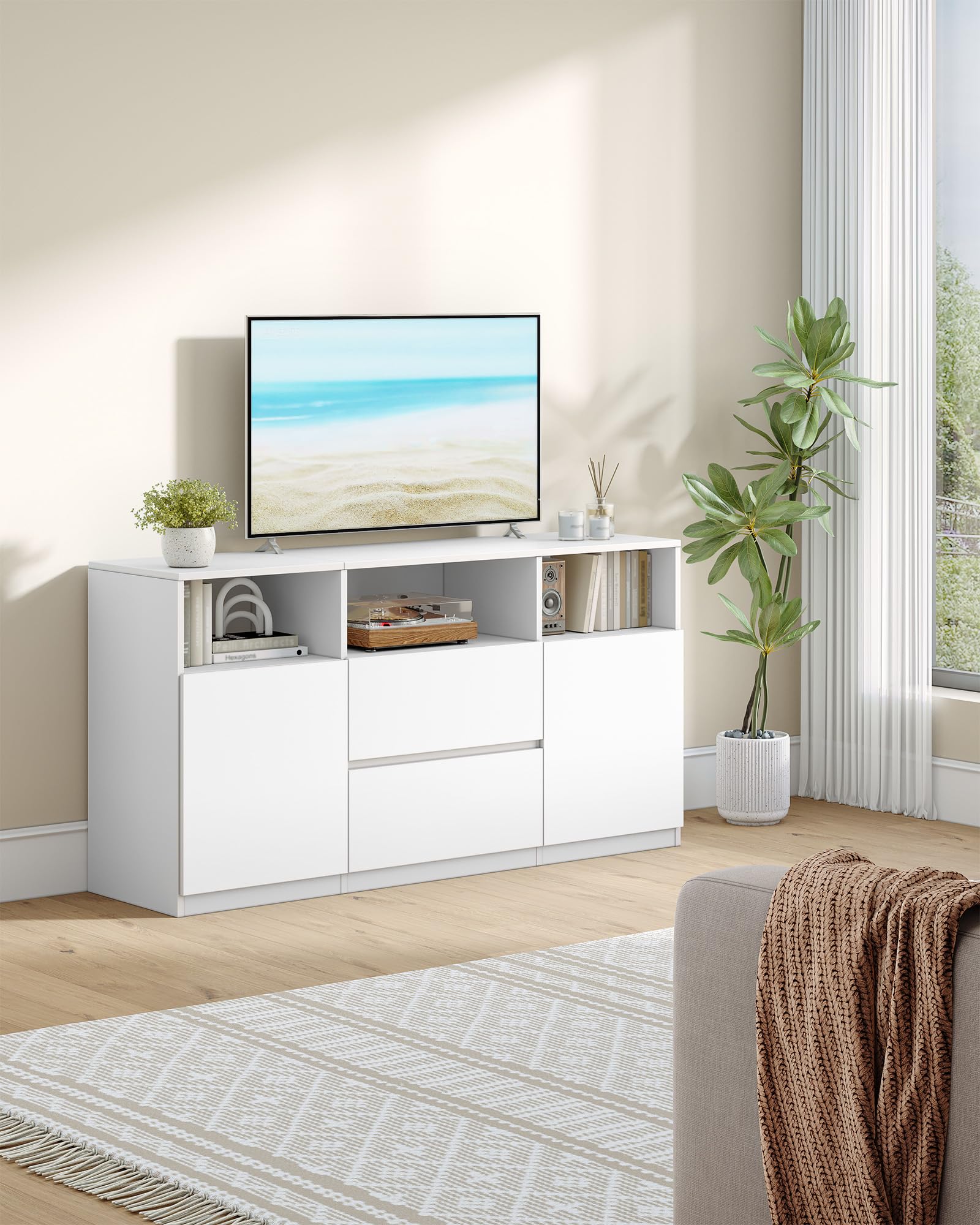 Hzuaneri Meuble TV avec LED RGB et Télécommande (25 Couleurs) Sideboard, 147 cm Banc Télé pour Téléviseurs jusqu'à 65", 2 Espace de Rangement Ouvert, pour Salon, Chambre, Blanc TV17003XEU