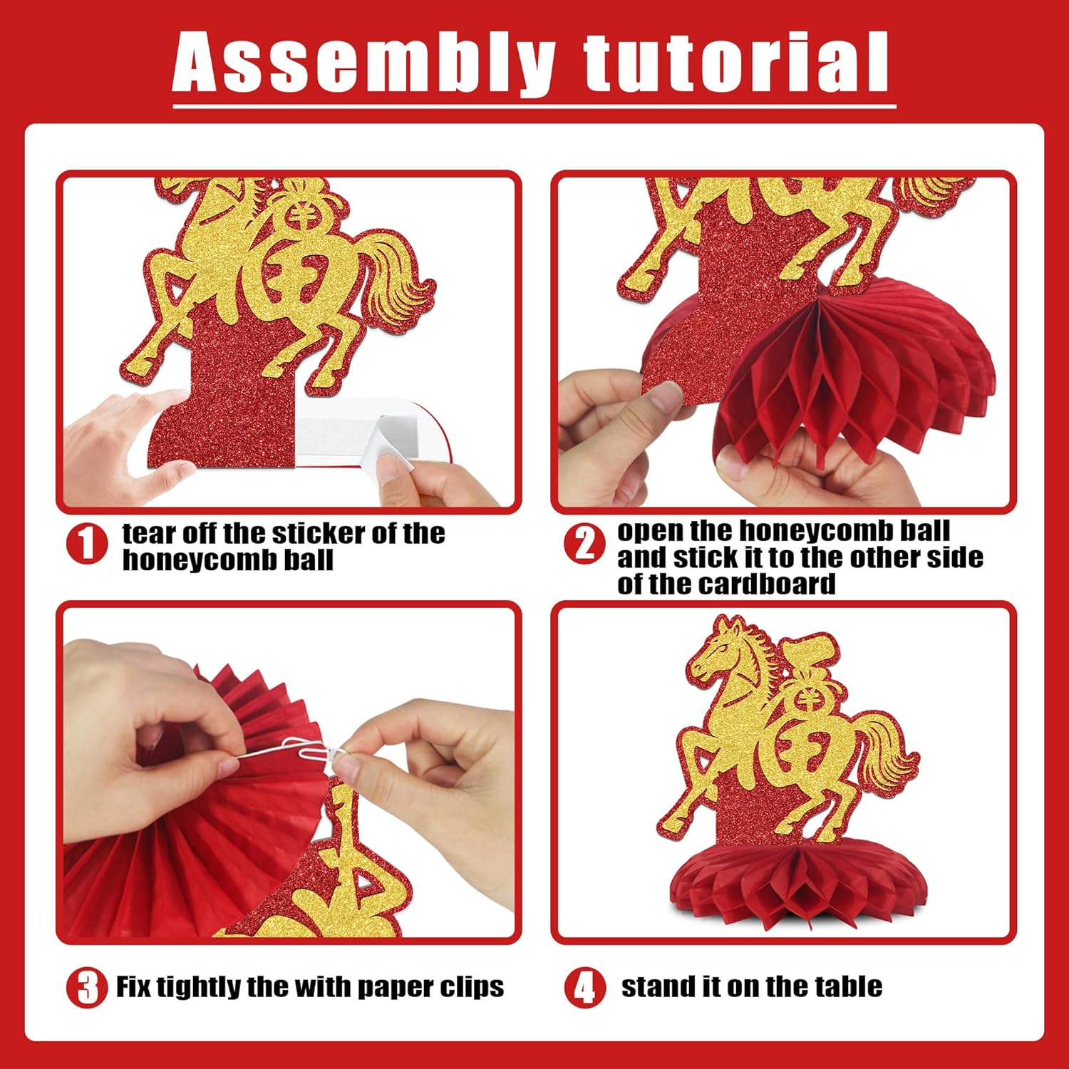 8PCS Happy Chinese New Year Honeycomb Centerpieces Chinese New Year Party Table Decorations for Chinese New Year Decorations Red & Gold Glitter