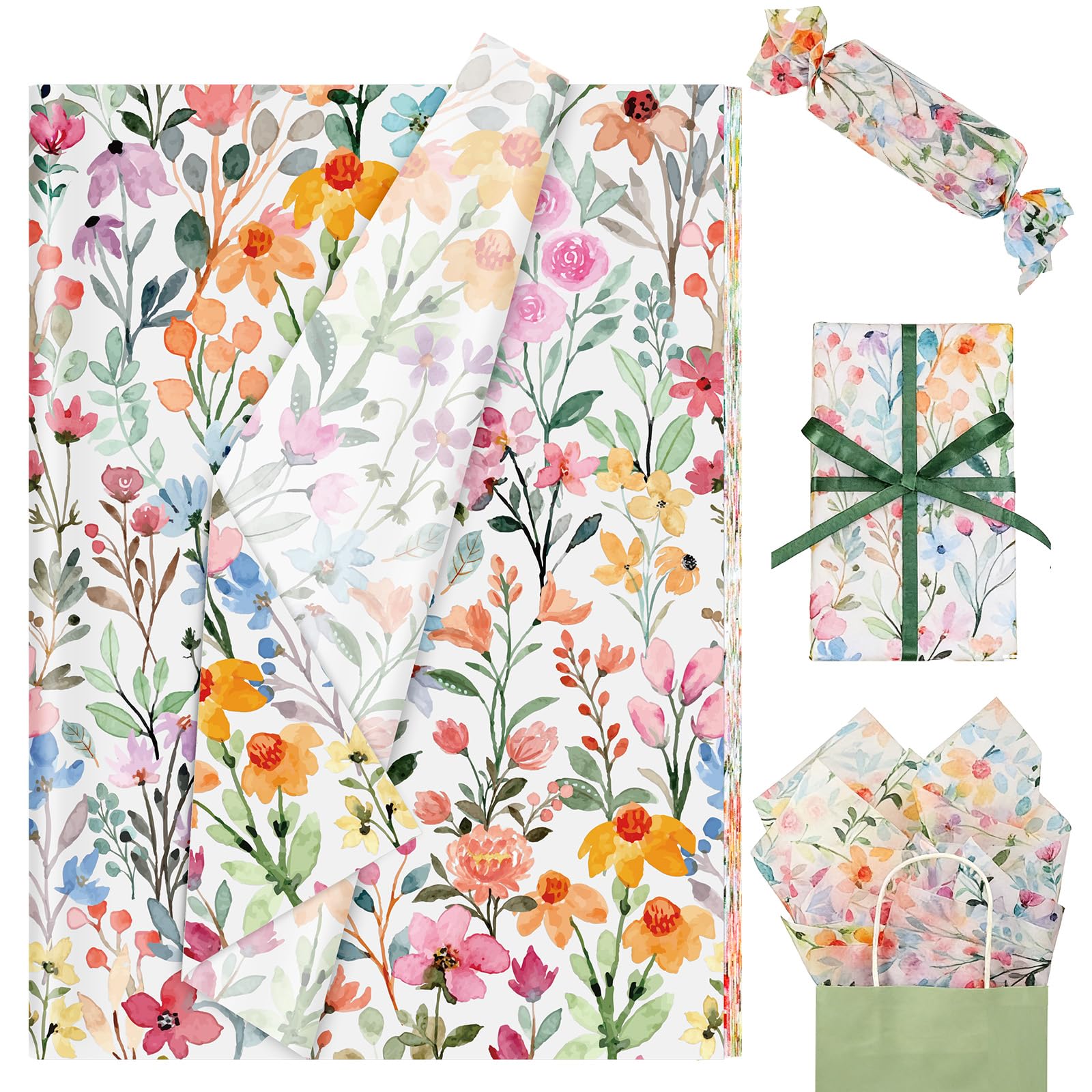 Whaline Floral Gift Tissue Paper Wildflower Colorful Watercolor Flowers Wrapping Paper 13.8 x 19.7 Inch Summer Floral Art Tissue for Wedding Birthday