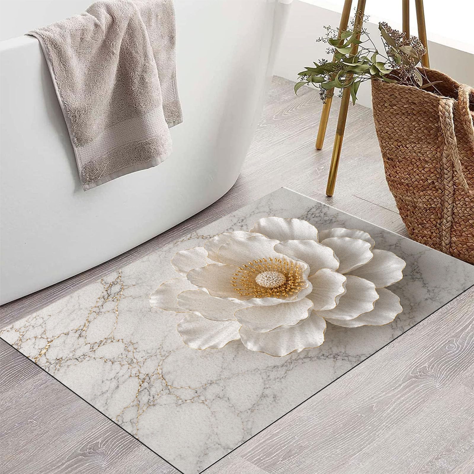 Felpudo Ultrafino Para Interiores, 80X120Cm, Relieve Floral De Lujo En 3D Alfombra Antideslizante Lavable Para Entrada, Grieta Elegante De Mármol Felpudo De Perfil Bajo, Atrapa Suciedad, Beige