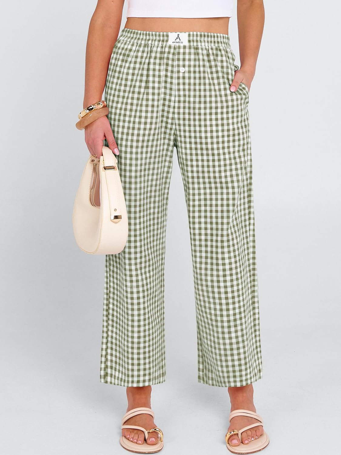 ANRABESS Women Striped Gingham Palazzo Cropped Pants Wide Leg Pajama Lounge Pants Plaid PJ Bottoms Cute Trousers with Pockets - Image 3