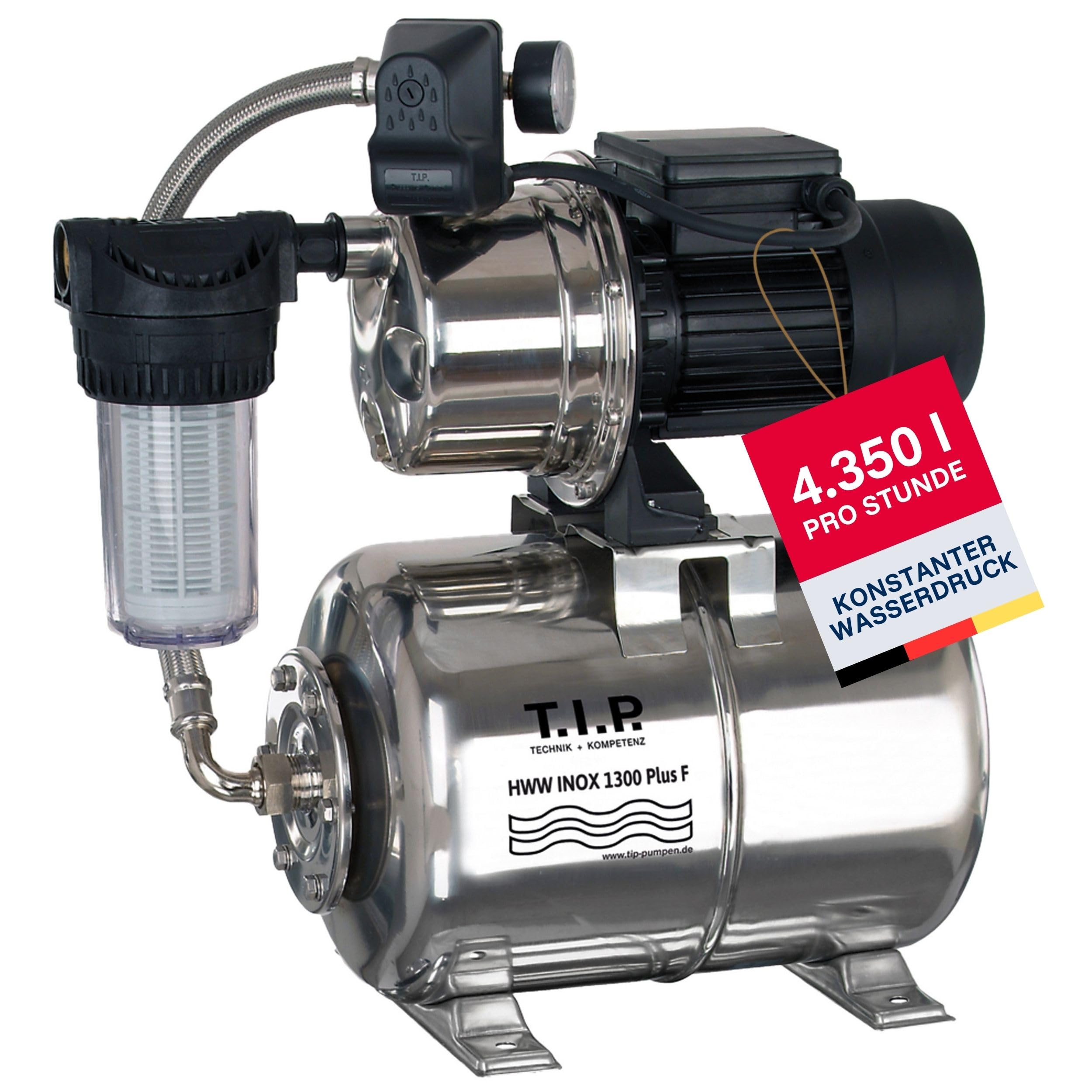 T.I.P. Hauswasserwerk HWW INOX 1300 Plus F – Edelstahl Druckkessel, 1200W, selbstansaugende Jet-Pumpe, 4350 l/h, 50m Förderhöhe, Vorfilter, wartungsfrei, Thermo-Überlastschutz