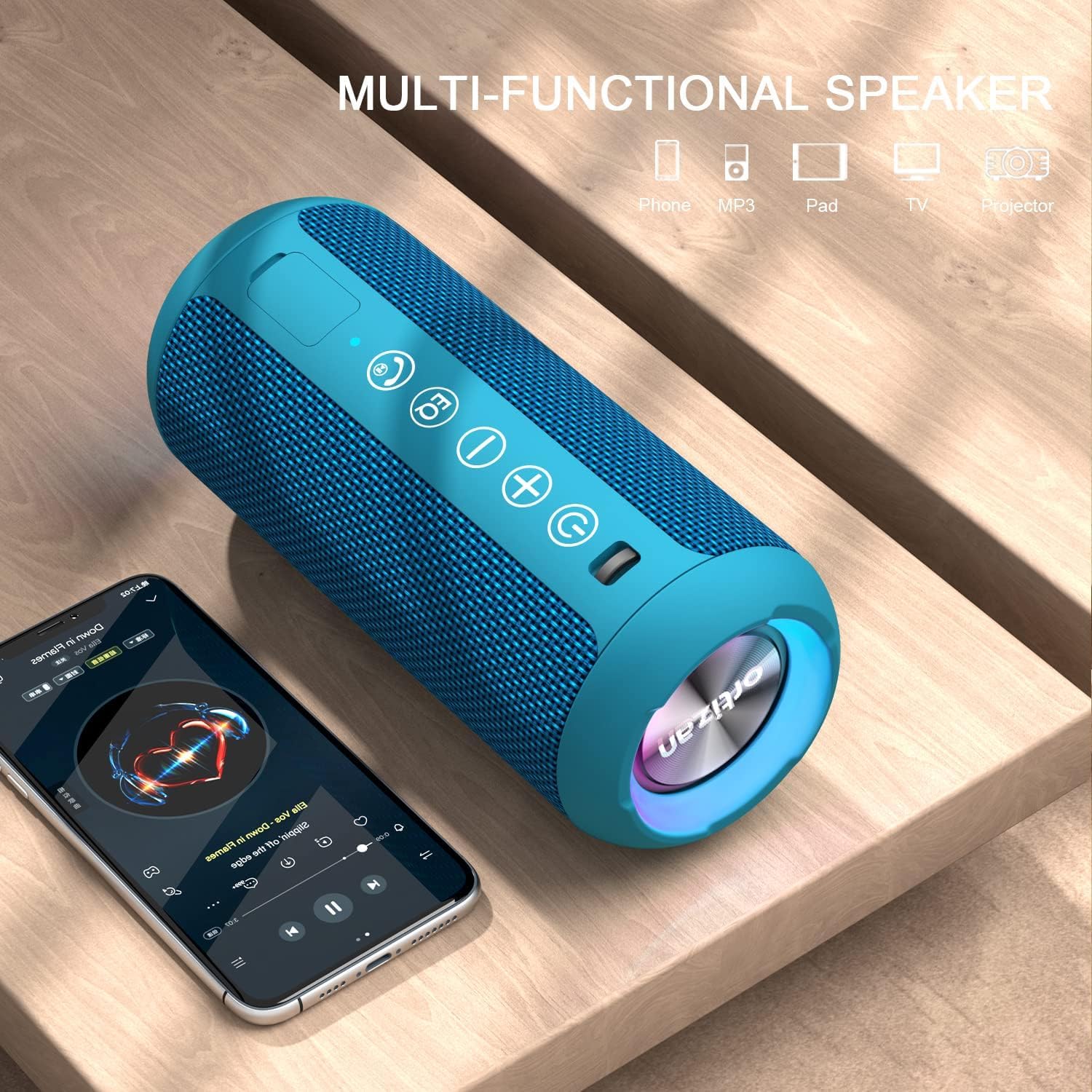 Ortizan Głośnik Bluetooth ze światłem LED, mini, przenośny, funkcja głośnomówiąca, bezprzewodowy, wodoodporność IPX7, dźwięk przestrzenny 360°, z AUX, TF, do użytku na zewnątrz