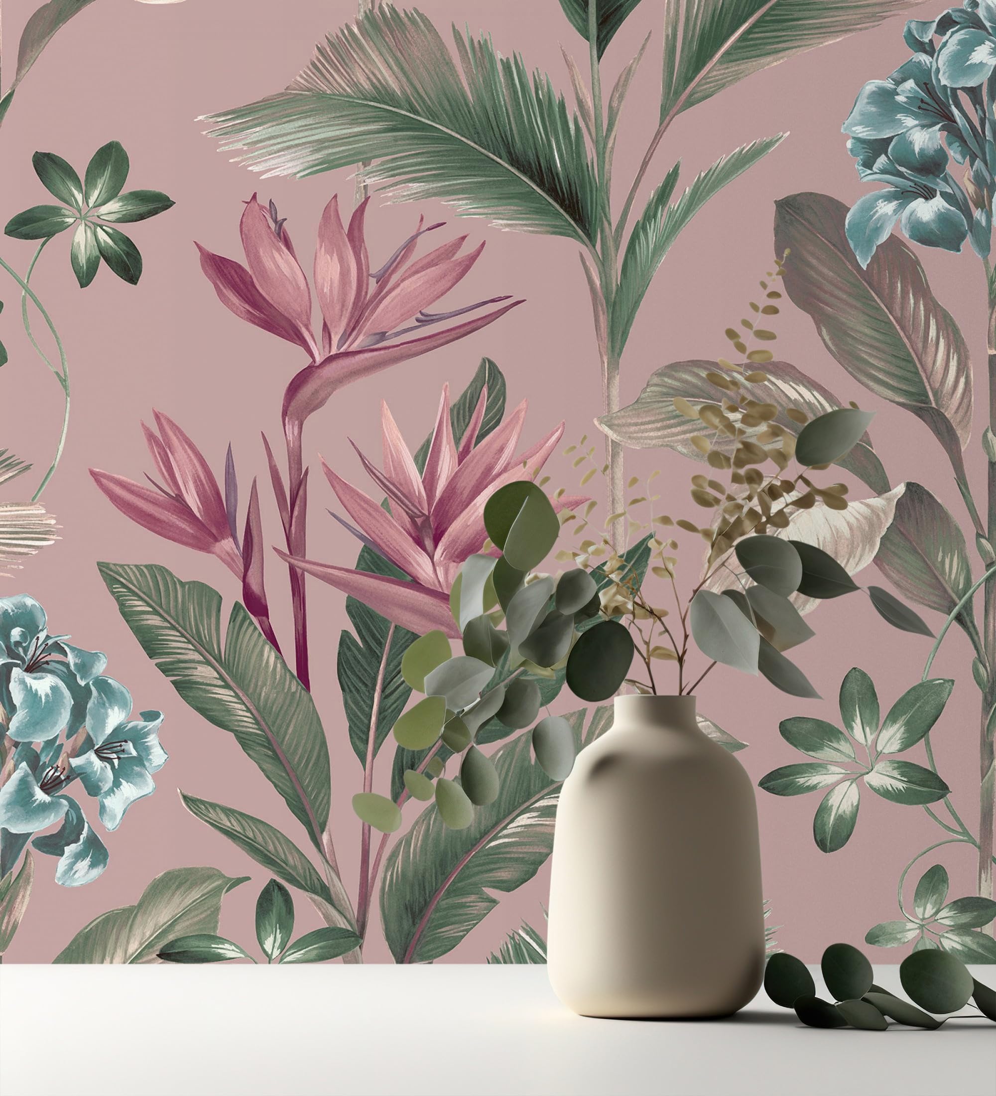 GAULAN 682877 - Carta da parati con fiori del paradiso e foglie in stile tropicale su sfondo rosa pallido per pareti soggiorno camera da letto corridoio - Rotolo di 10 m x 0,53 m