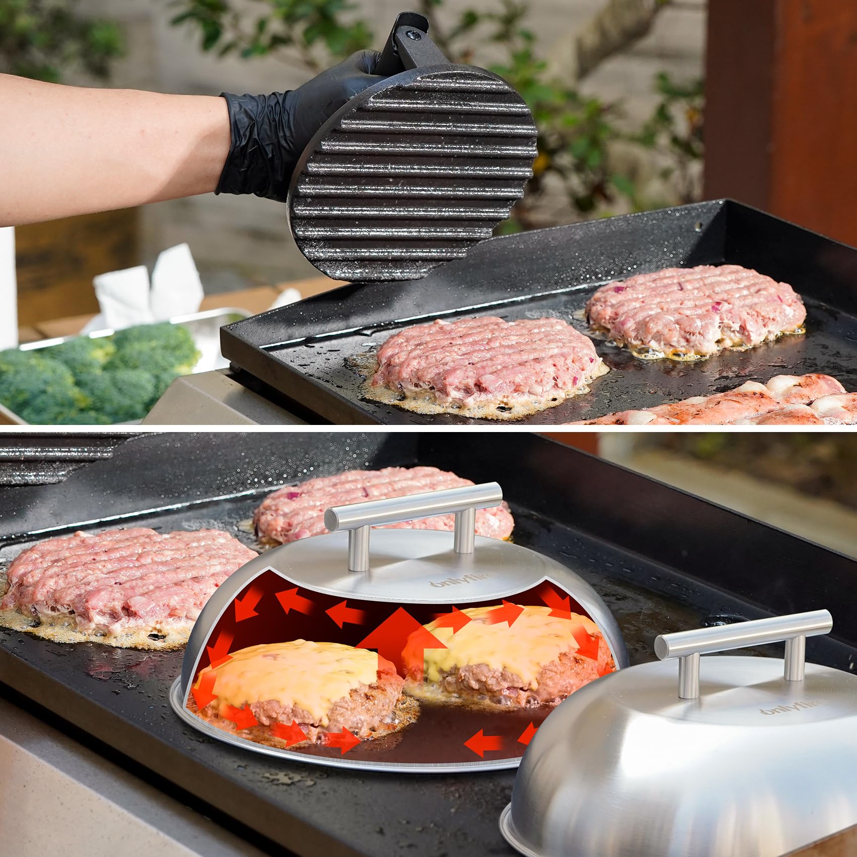 Onlyfire Set Smash Burger 3 Pièces, Presse à Burger Fonte et 2 Cloches Cuisson Acier Inoxydable, Kit Plancha Barbecue