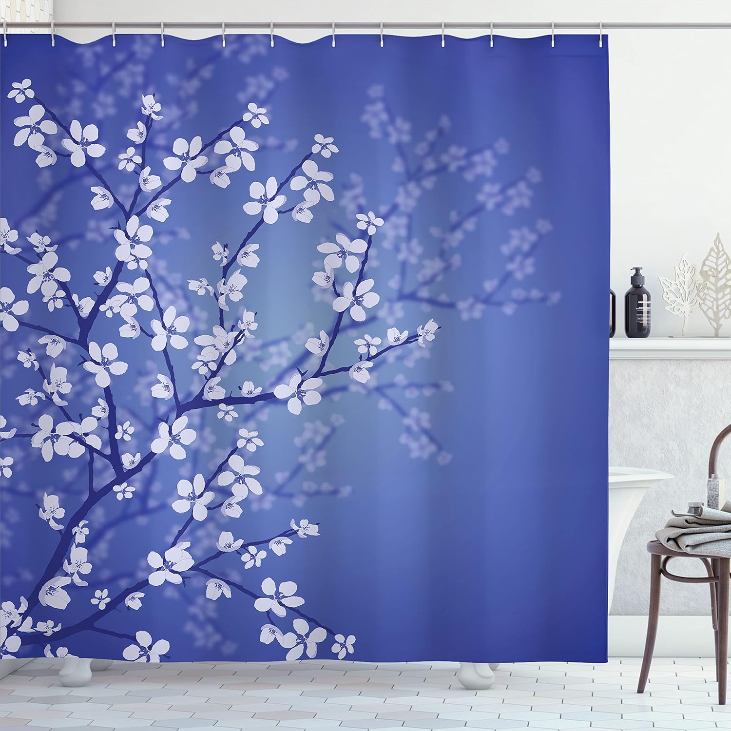 Ambesonne Japanese Shower Curtain, Spring Season Sakura Bloom Design Romantic Cherry Blossom on Blurry Branches, Cloth Fabric Bathroom Decor Set with Hooks, 69" W x 84" L, Blue Violet