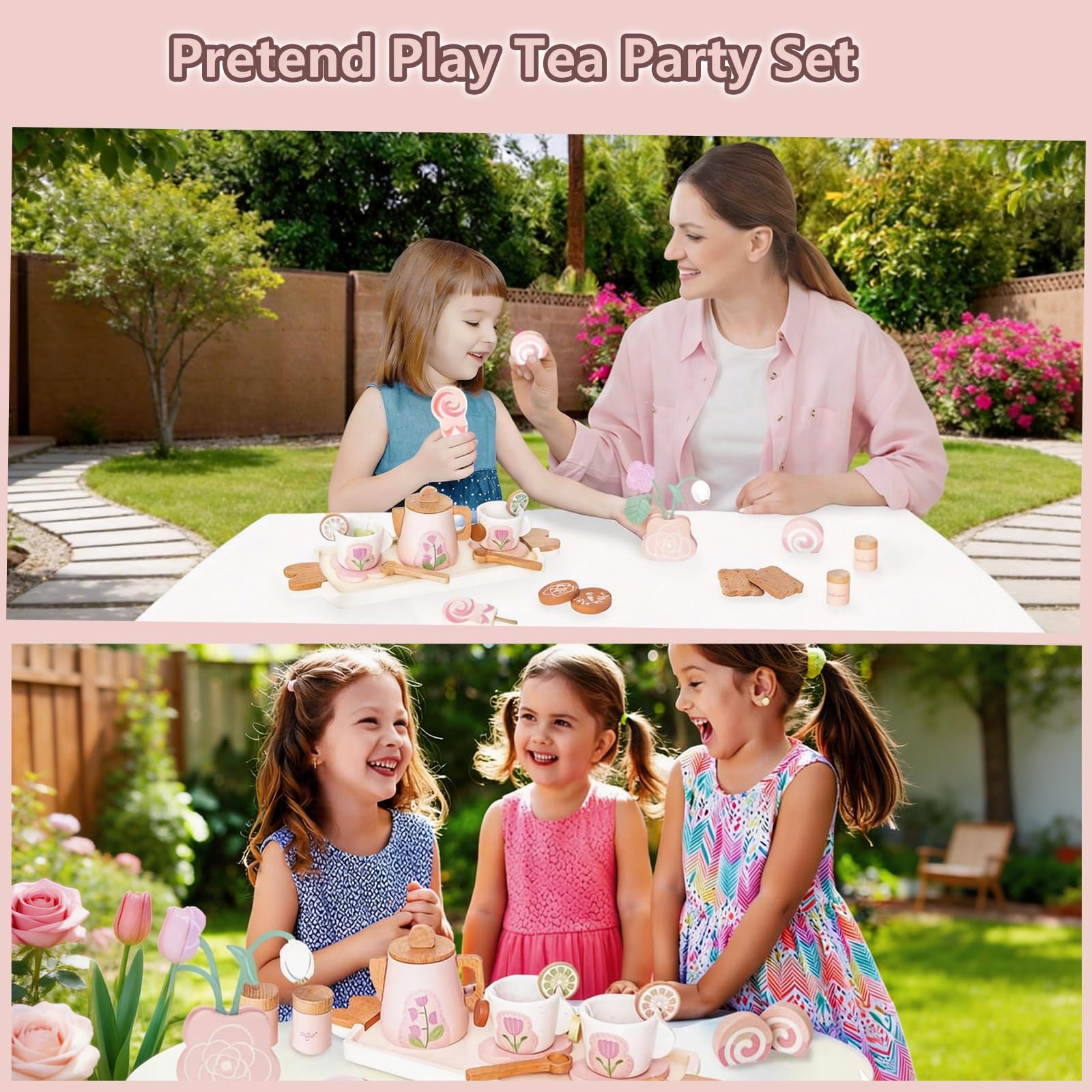 Service à Thé et à Dessert pour Fête de Filles 24PCS, Dinette Enfant en Bois Jouet Fille 3 4 5 Ans Accessoire Cuisine Tout-Petits Bois Jeux de Rôle de Tea Party Cadeau Rose