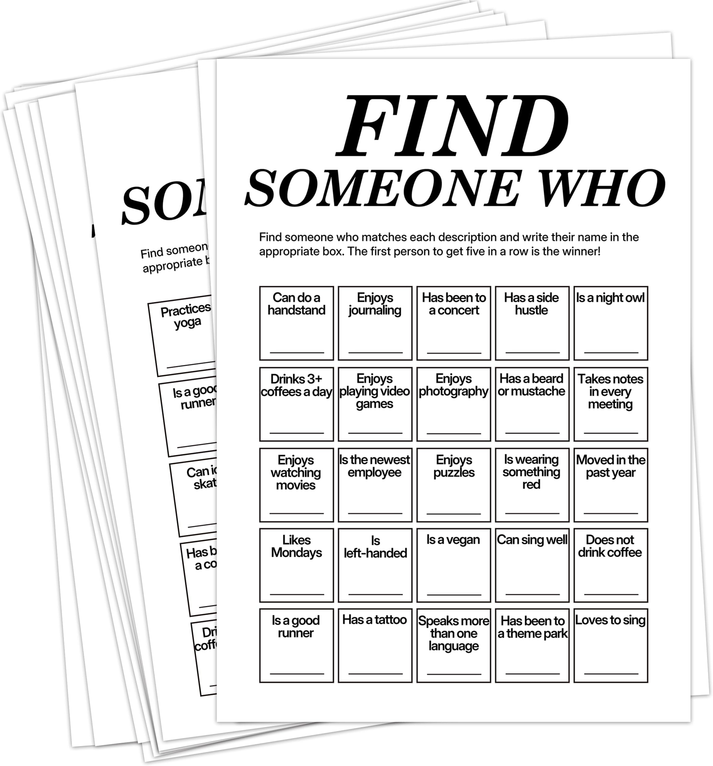 Office Bingo Cards, 25 Unique Randomized 5x7 Sheets, Get to Know You Bingo Game for Adults, Ice Breaker Office Party Games, Team Building Games for Work, High Replay Value - A04