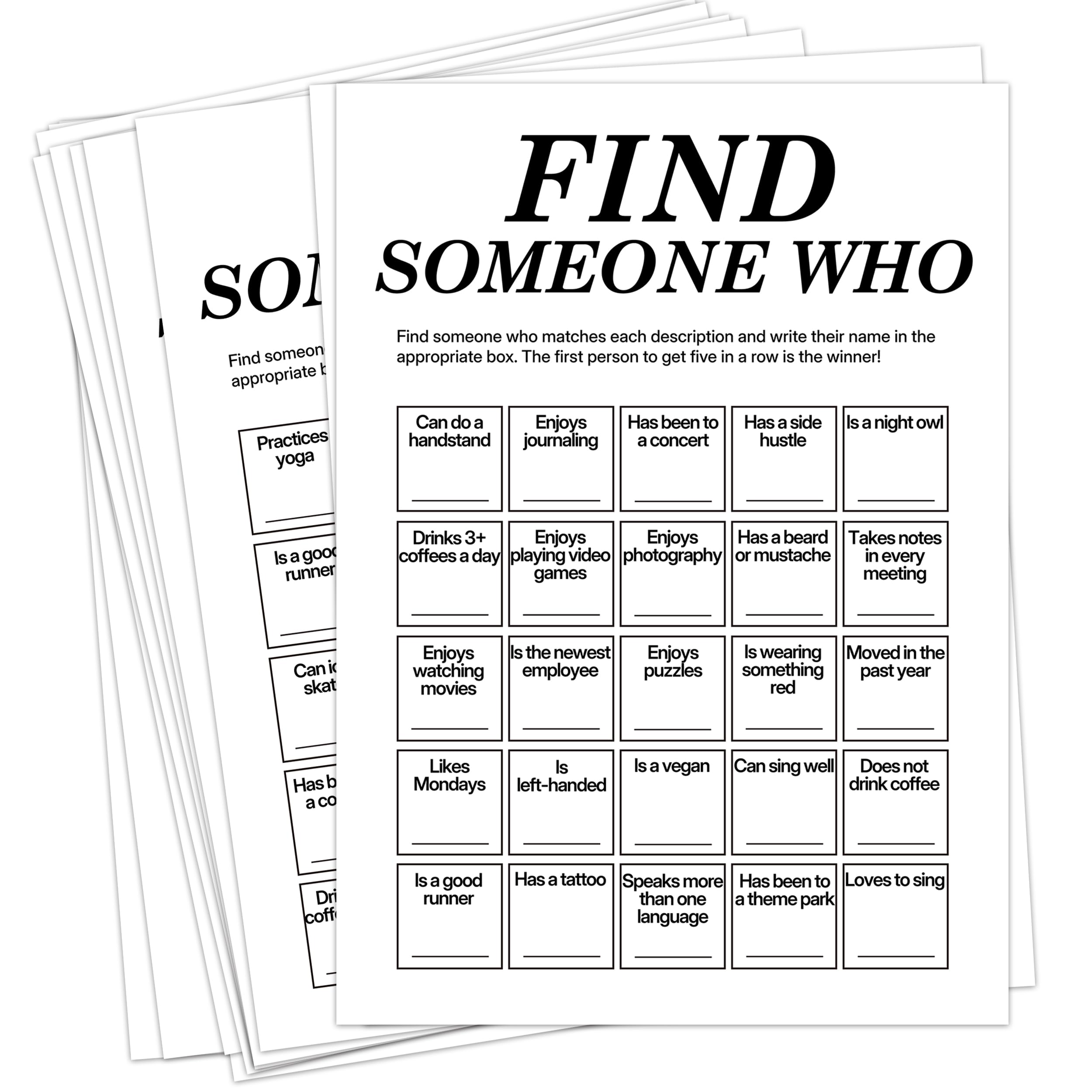 Office Bingo Cards, 25 Unique Randomized 5x7 Sheets, Get to Know You Bingo Game for Adults, Ice Breaker Office Party Games, Team Building Games for Work, High Replay Value - A04
