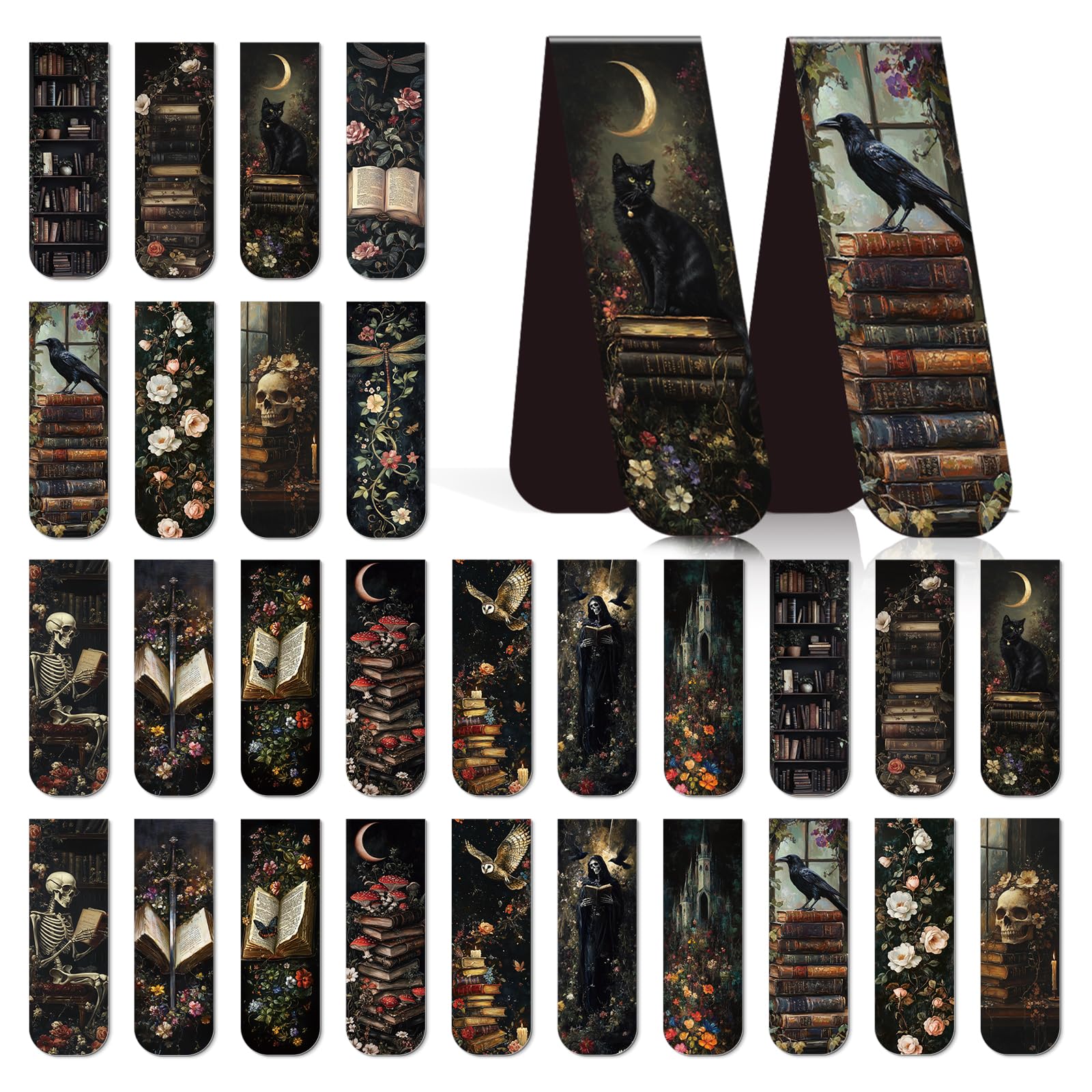Wxiben Dark Academia Magnetic Bookmark - 30 Pcs Gothic Flower Book Mark Magnets Retro Aesthetic Bookmarks Magnetic Skull Plants Dragonfly Book Markers