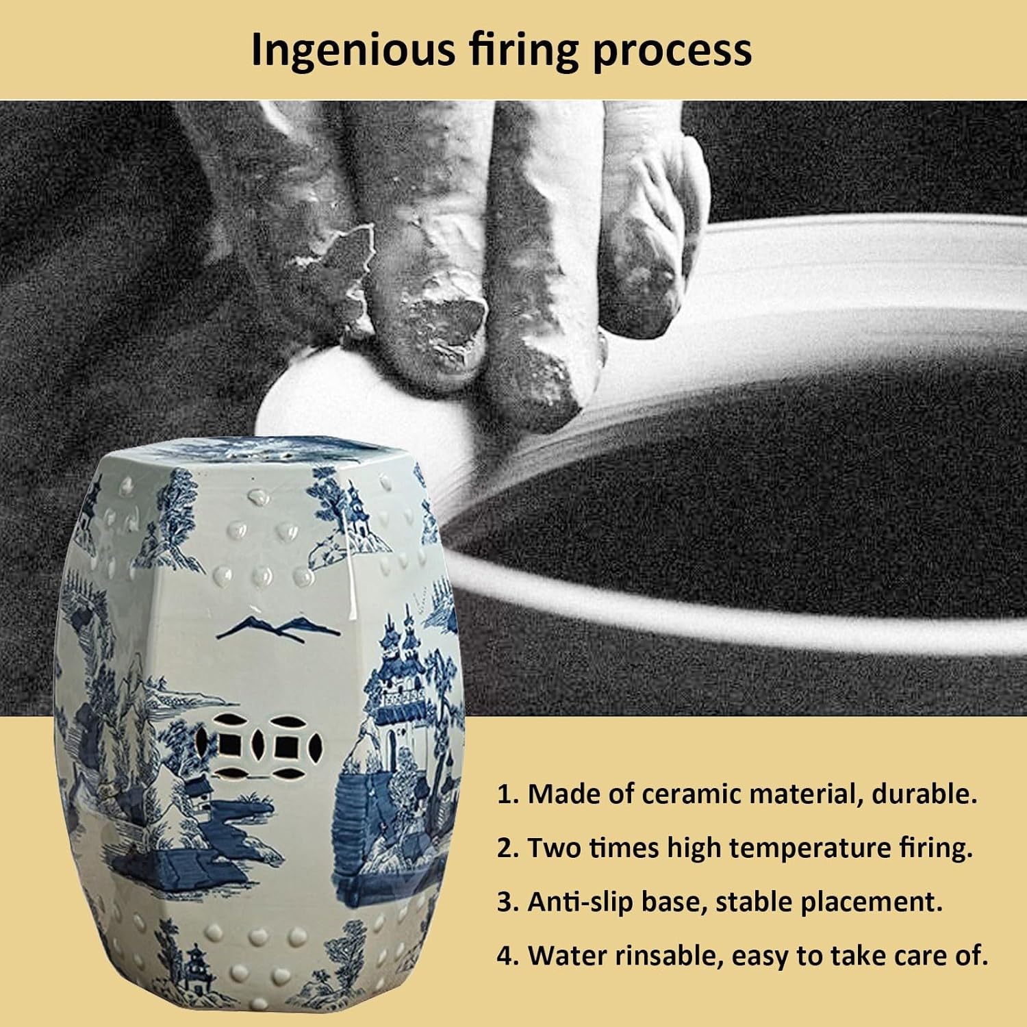 Decorative Garden stools, Decorative Ceramic Garden Stool, Glazed Hollow Landscape Celadon Shoe-Changing Stool Drum Stool, Suitable for Outdoor Garden, Living Room, Terrace, Etc.