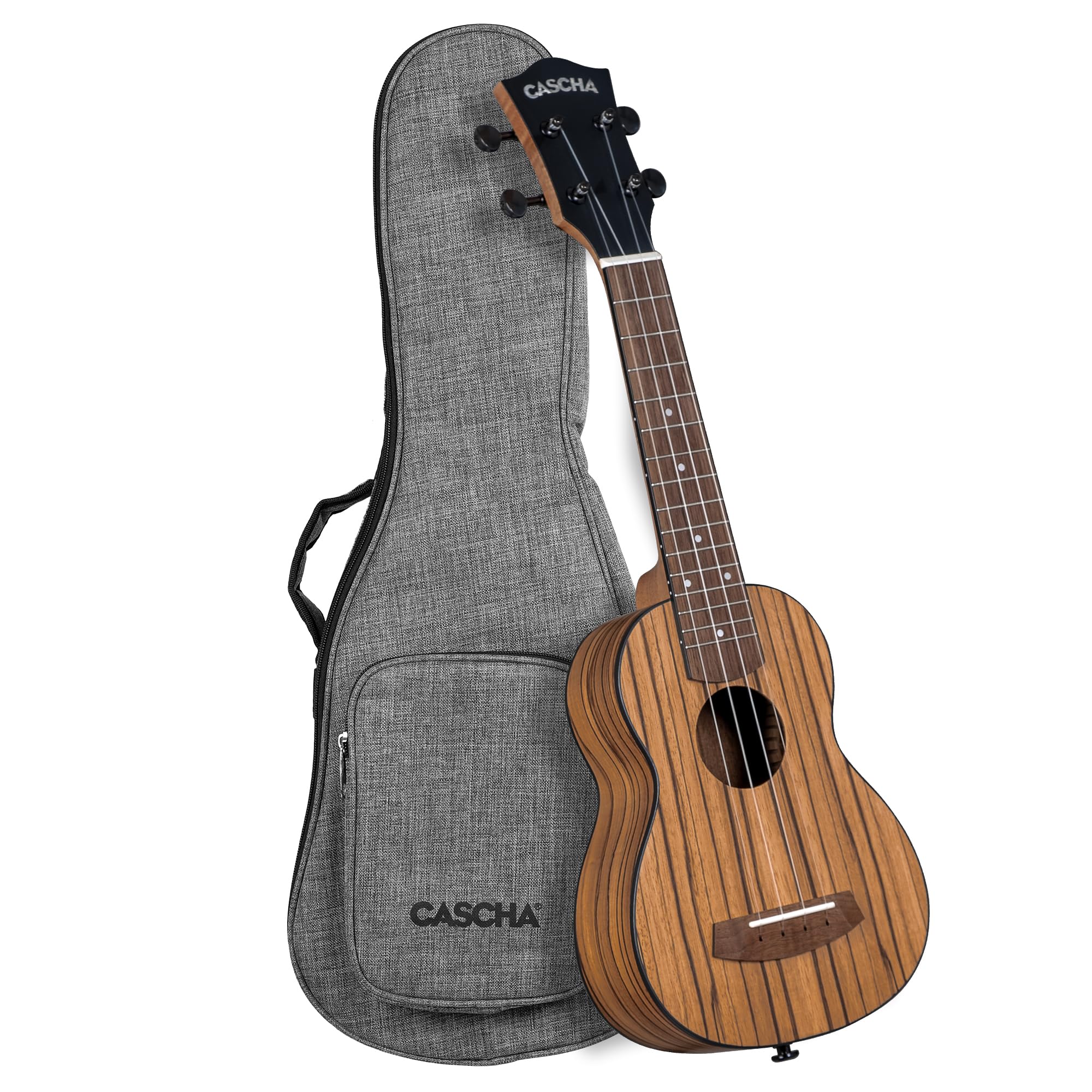 CASCHA Ukulele Zebra Wood – Hochwertiges Zebraholz I Warmer Klang I Okoume Hals I Walnuss Griffbrett I Matte Finish I Cascha Carbon Strings, inkl. Tragetasche - Soprano