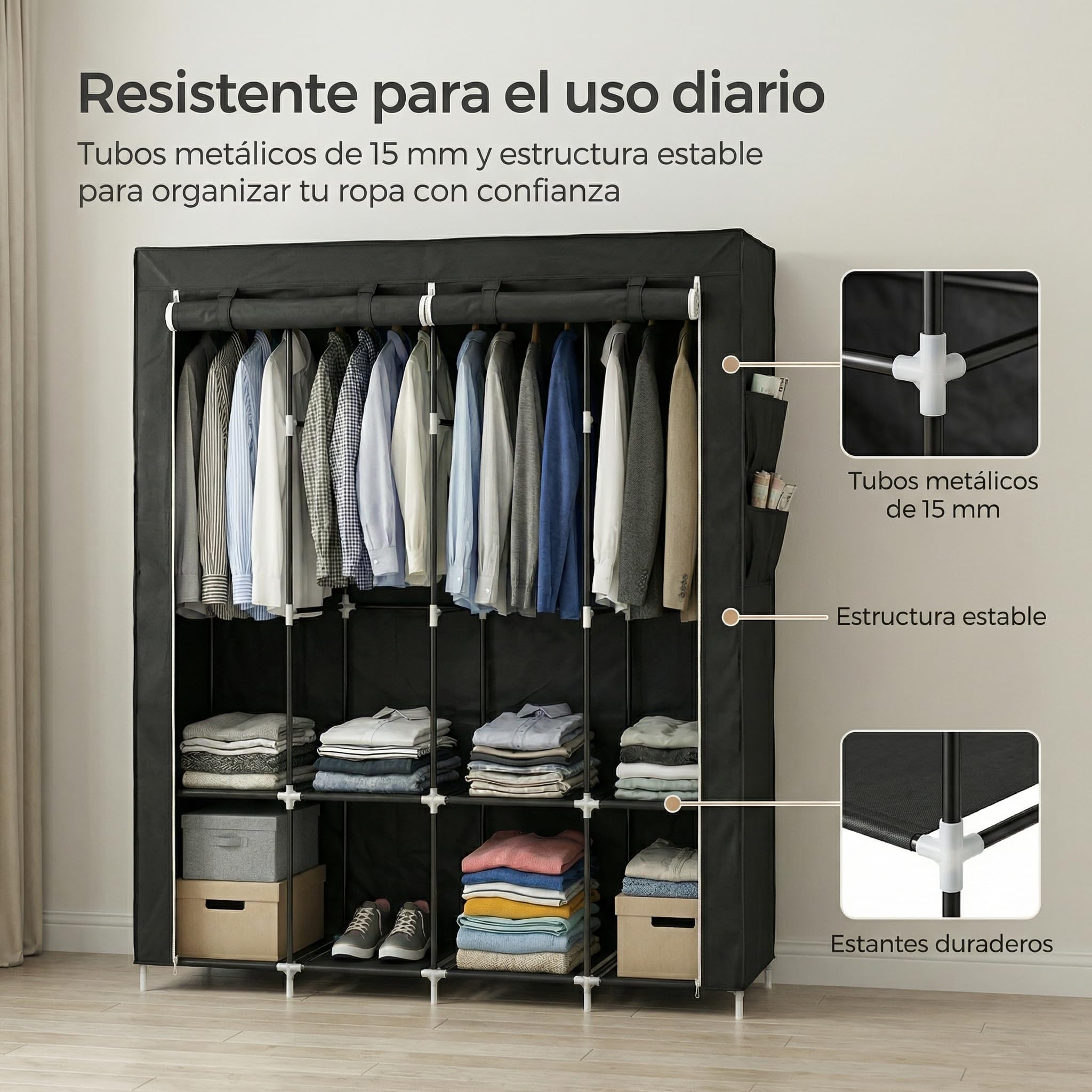 Pincho Armadio guardaroba in tessuto, armadio portatile per abbigliamento, organizer per vestiti, con cerniera, scaffali modulari con appendiabiti, Wardrobe, armadio organizer - 170 x 45 x 165 cm nero