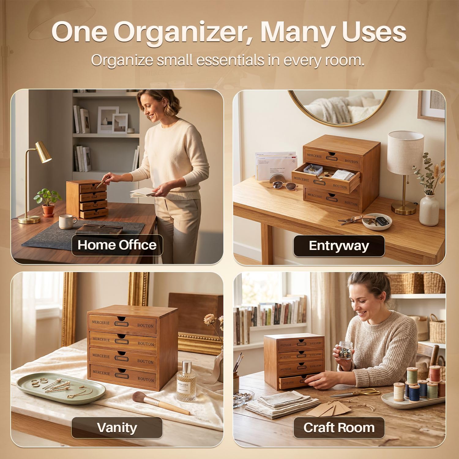 Flexzion Organizador de suministros de oficina de escritorio de madera con 4 cajones de almacenamiento, gabinete de mesa de madera de 4 niveles, decoración de vanidad, herramienta de arte y correo
