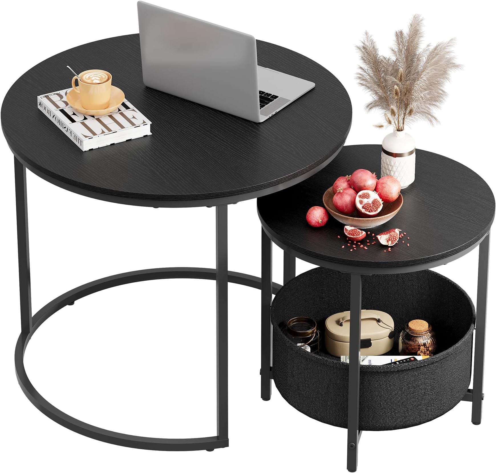 WLIVE Round Coffee Table Set of 2, 60X60X51cm Nesting Tables with Ample Storage, Wooden Wide Side Table with Sturdy Metal Frame for Living Room or Office, Charcoal Black