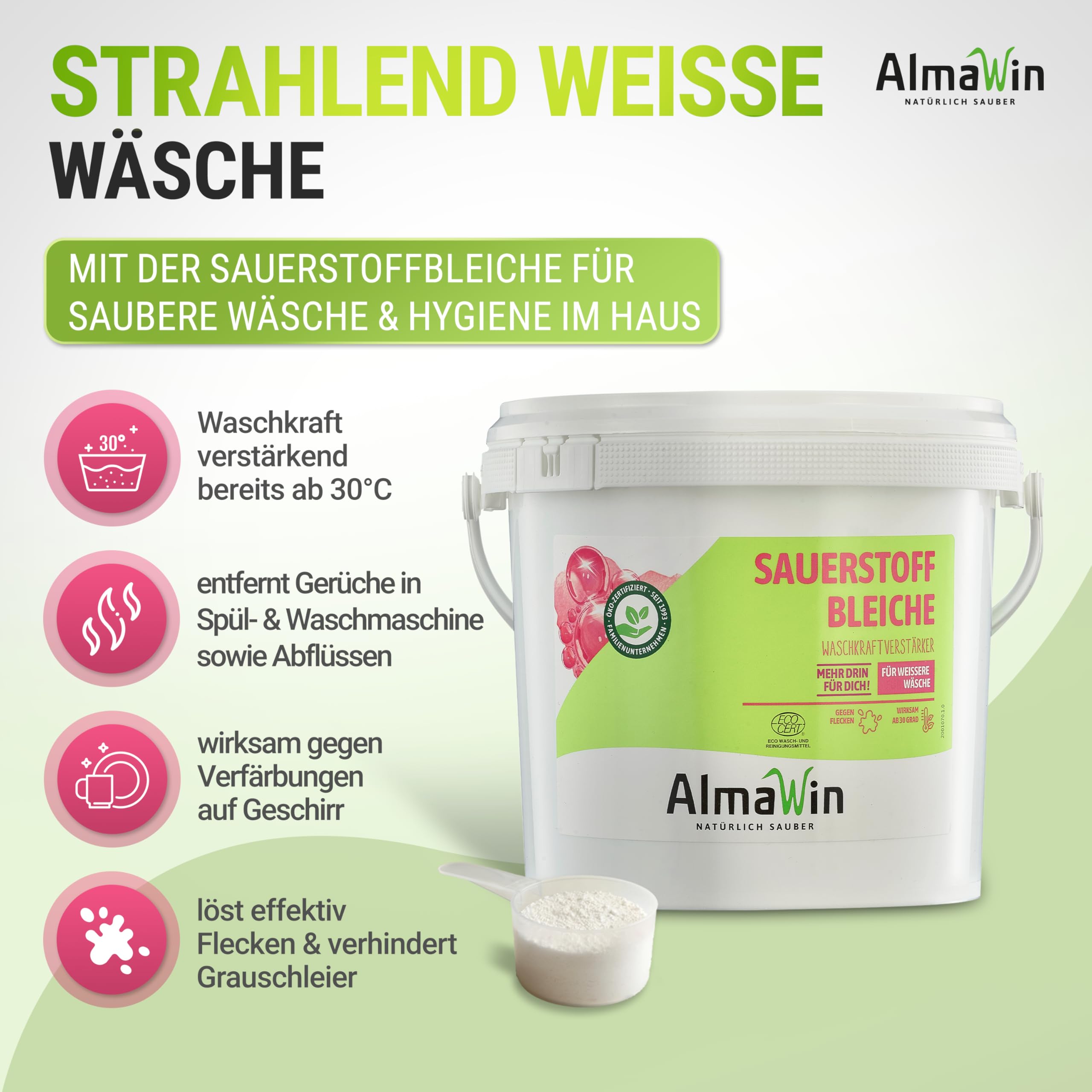 AlmaWin® Sauerstoffbleiche Pulver [2,5kg] für strahlend weiße Wäsche ab 30°C, gegen Gerüche & Verfärbungen - Aktivsauerstoff Bleichmittel für Abfluss, Spül- & Waschmaschine