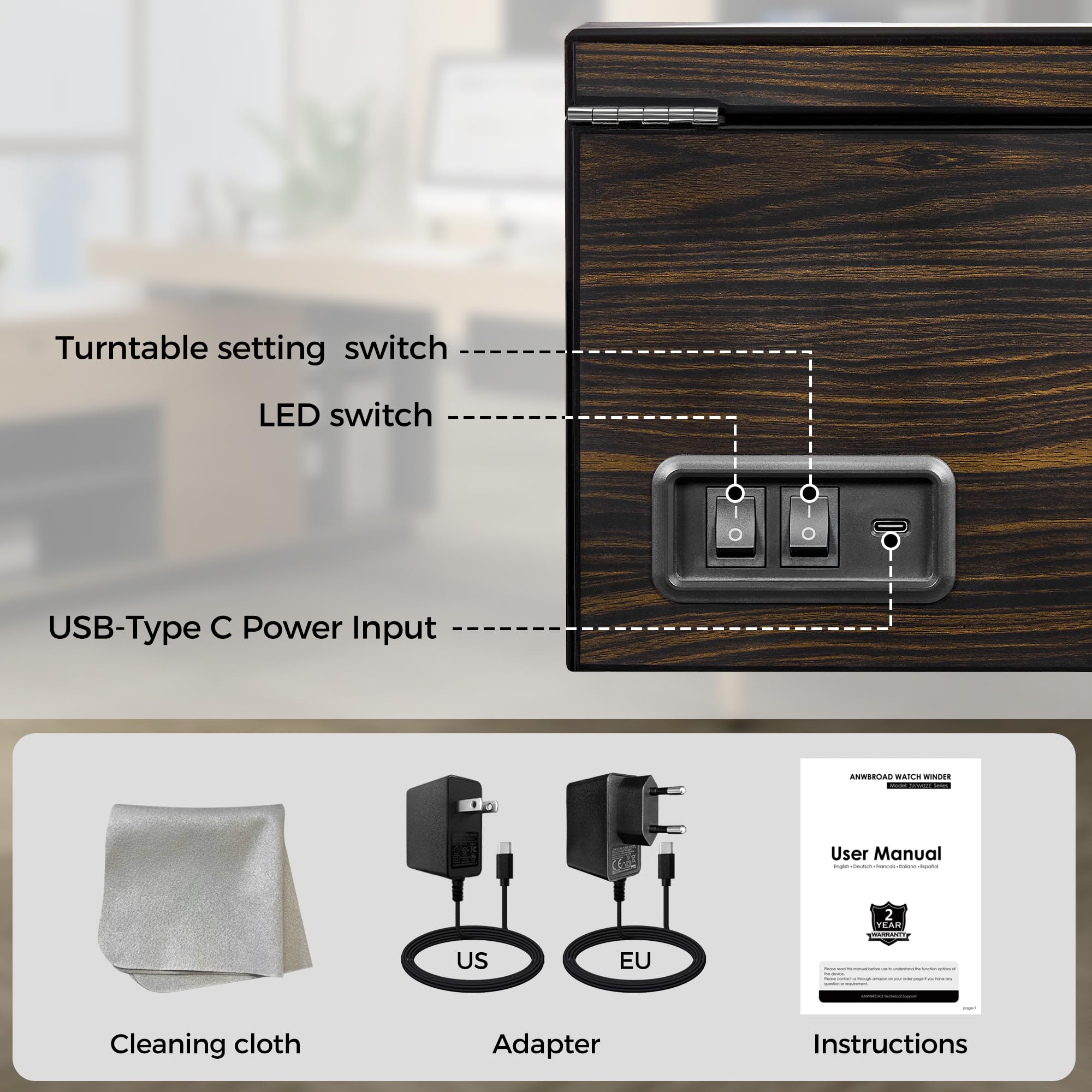 ANWBROAD Remontoir à Montre Ecrins pour Montres Automatiques pour 4 +6 Boîte à Remontoir de Rangement Supersilencieux Luxueux Watch Winder LED Légère 4 Modes de Rotation en fibre de carbone JWW002E
