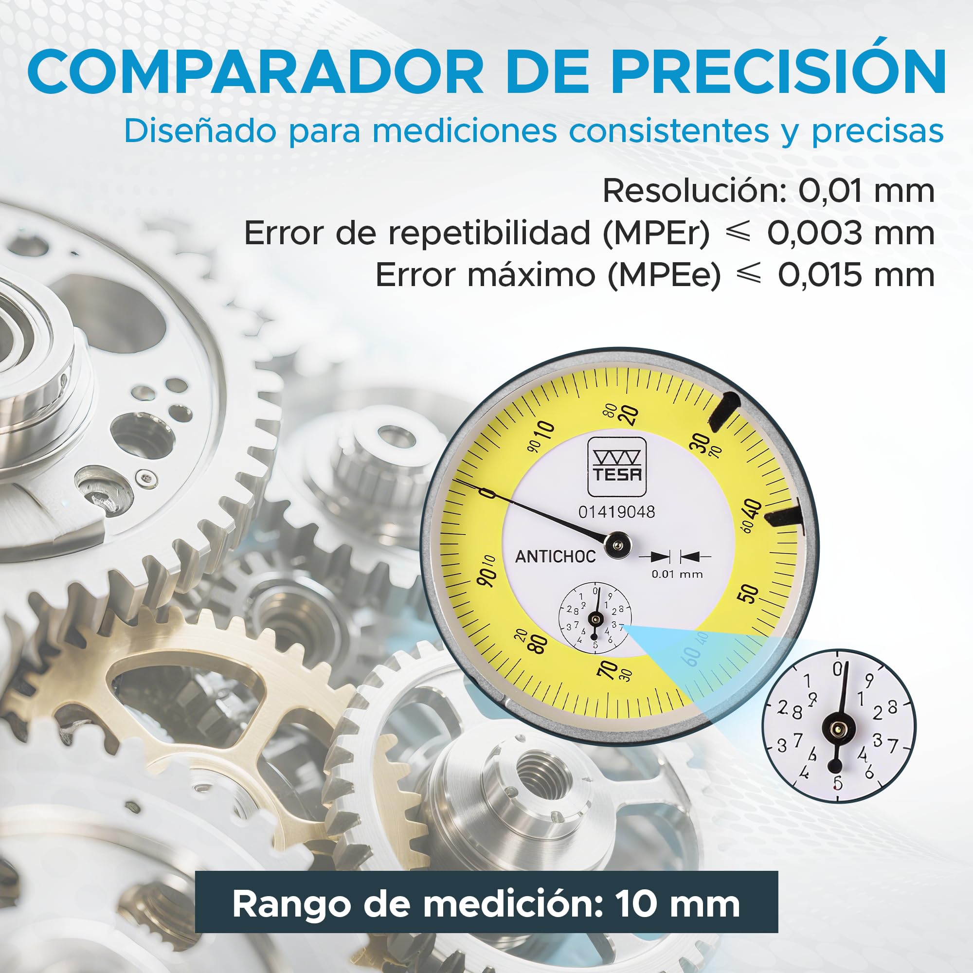 Tesa 01419048 electrónico y analógico Dial Calibre, esfera ø 58 mm, lectura 0,01 mm – estándar y largo viaje, rango de medición 10 mm, Analógico escala intervalo 0,01 mm