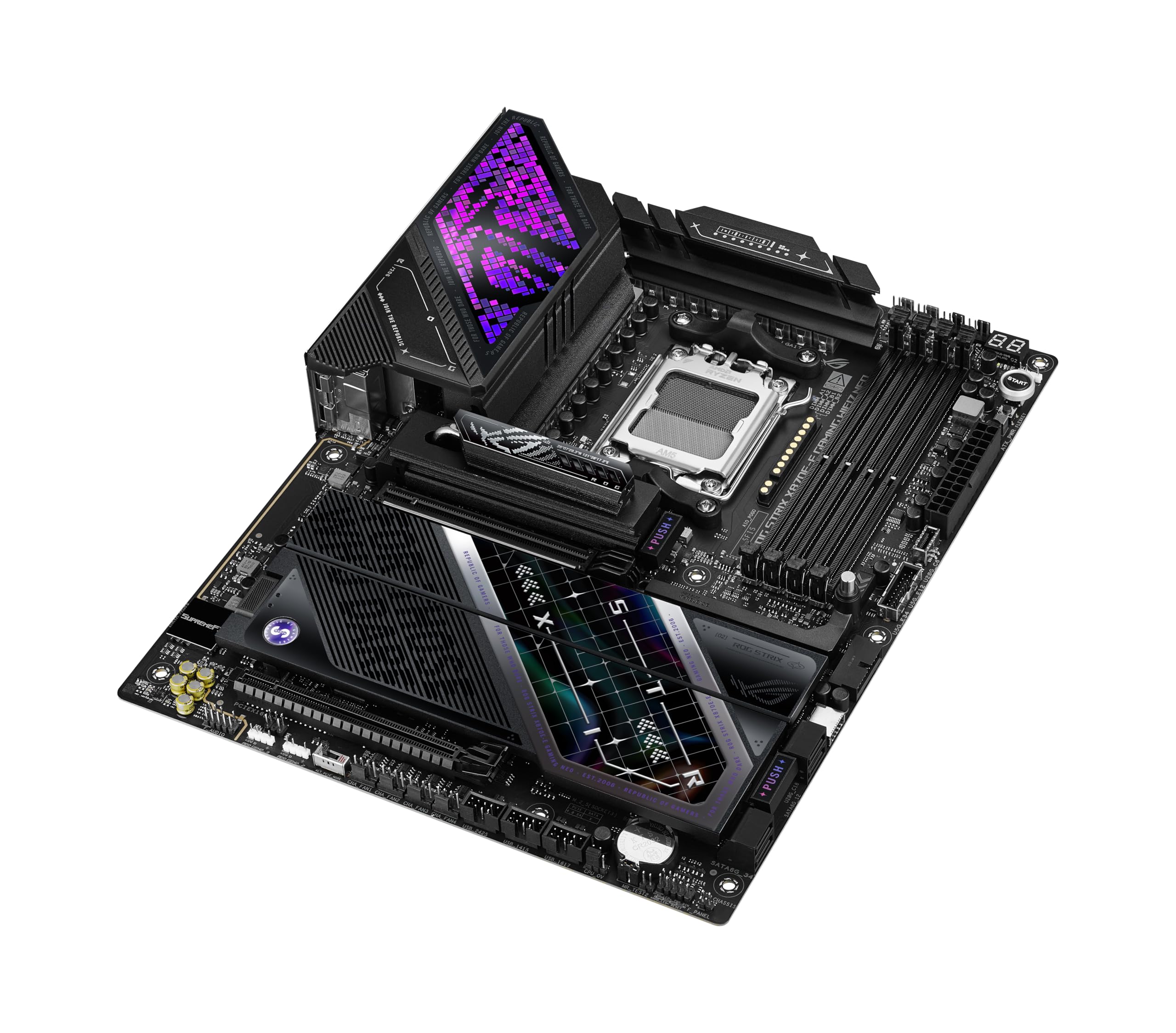 ASUS ROG Strix X870E-E Gaming WIFI7 NEO, placa base AMD ATX, 18+2+2 etapas de potencia, ranuras DDR5, cinco ranuras M.2, PCIe® 5.0 con soporte completo para GPU de próxima generación, Wi-Fi 7, USB 4