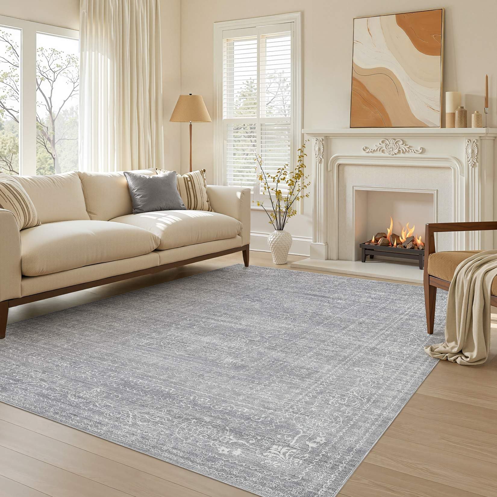 5x7 Area Rugs Living Room: Washable Large Vintage Beige Rug Neutral Non-Slip Soft Stain Resistant Indoor Carpet for Bedroom Nursery Dining Room Under Table Bed Home House Office Playroom — view 18