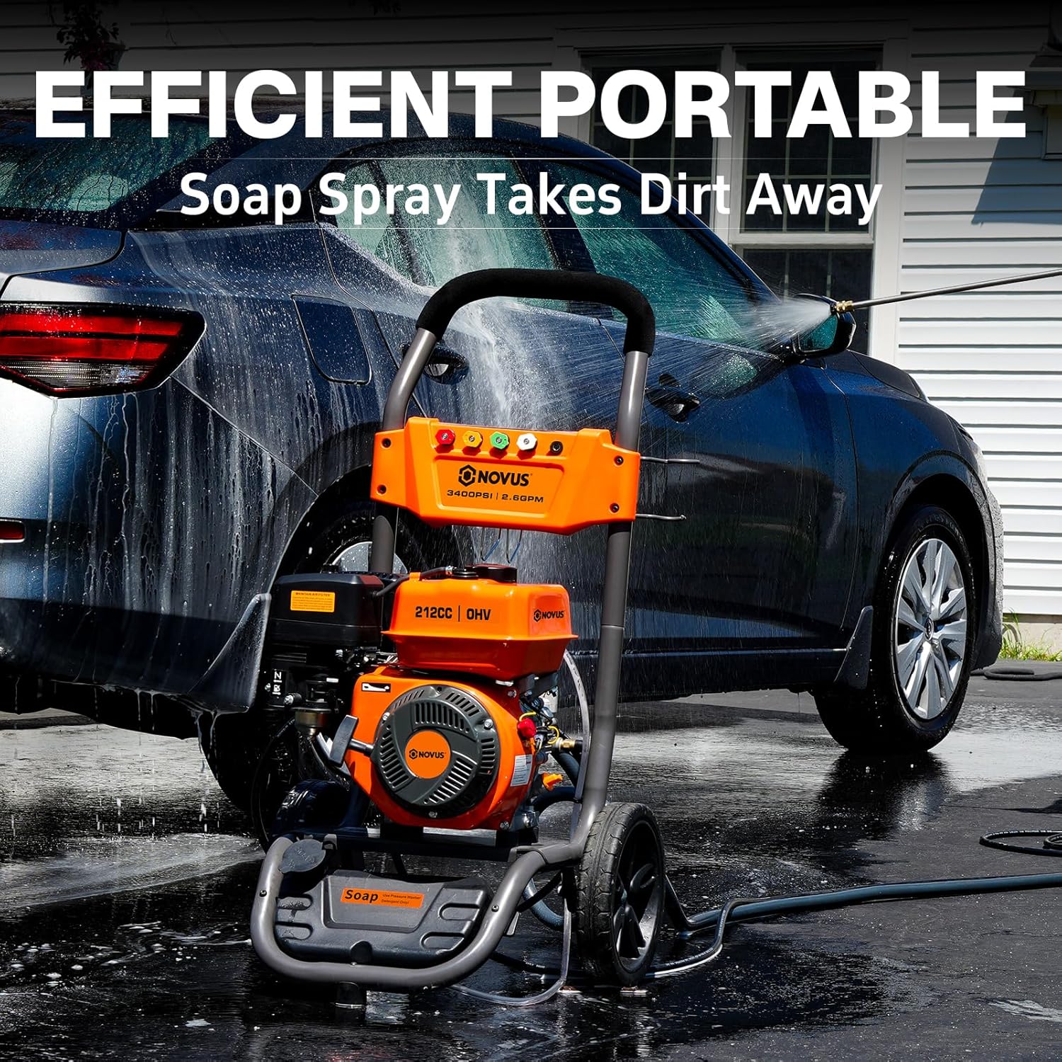 NOVUS Gas Pressure Washer 3400 PSI, 2.6 GPM Power Washer with 30FT Extra-Long Hose, 5 Nozzles, Onboard Soap Tank, 212CC Engine, Spray Gun and Wand, for Vehicles Driveways Patios Fences Furniture