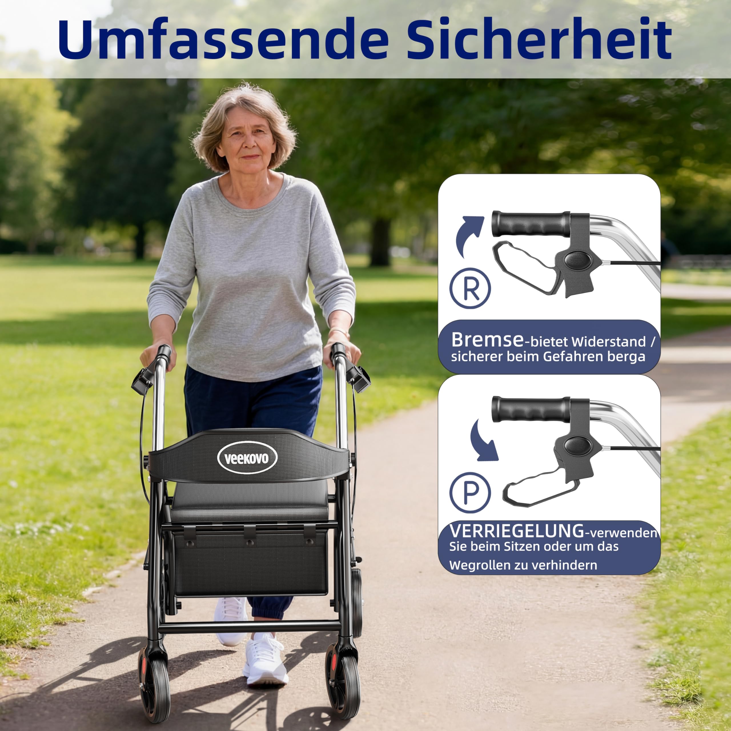 Leichtgewicht Rollator faltbar mit Sitz,schmal für Senioren Wohnung,Höhenverstellbar, Rollatoren für Senioren Klappbar mit 20cm Reifen für All Gelände, Gehhilfe, Laufhilfe (Schwarz)