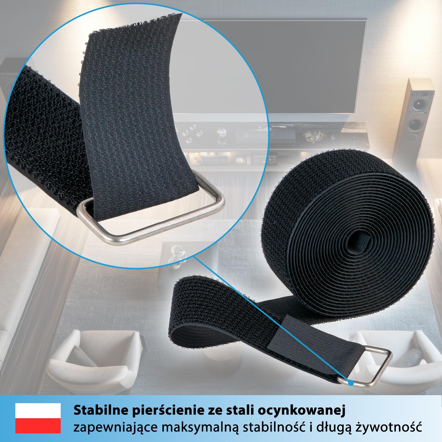 valonic SPARROW – mocna taśma rzepowa, 5 m, 50 mm, w zestawie 10 metalowych pierścieni, czarna, do porządkowania kabli, zapięcie rzepowe