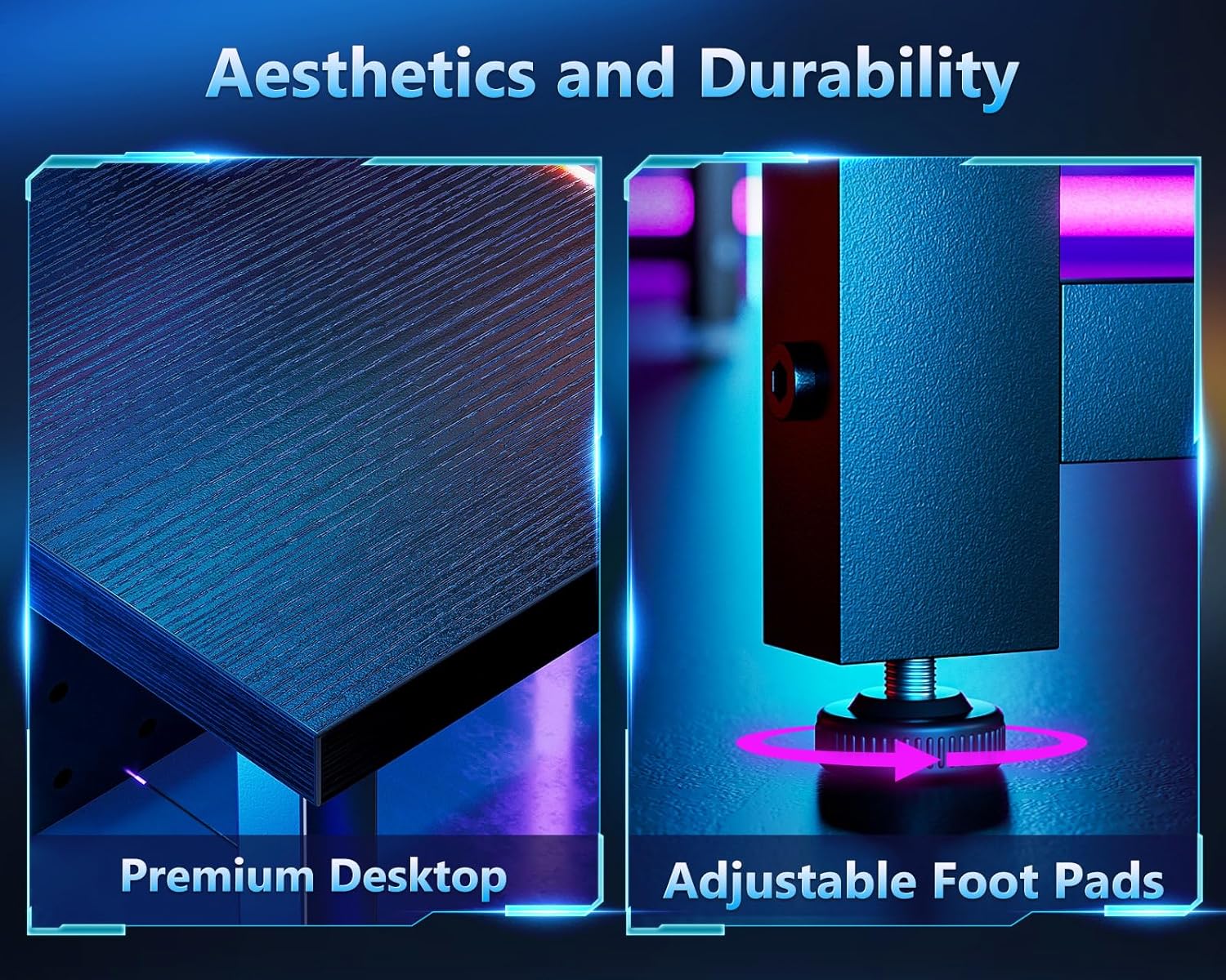 Close-up images showing the premium desktop texture and adjustable foot pads