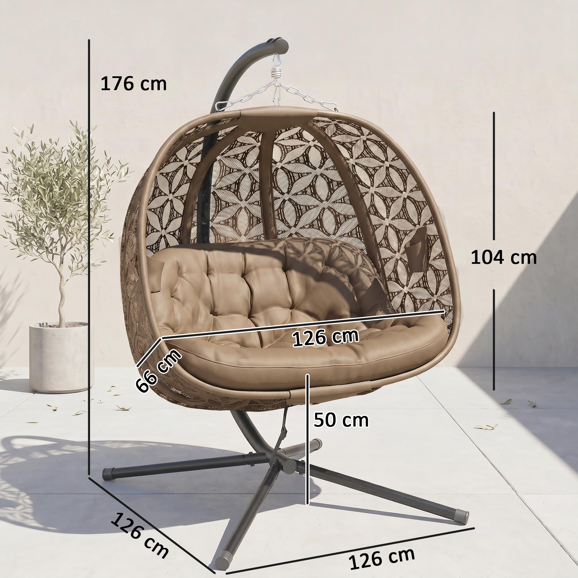 Outsunny Hängesessel mit Gestell für 2 Personen faltbar Hängekorb mit dick Kissen Getränkehaltern Sicherheitsgurt, XXL Eiförmiger Hängeschaukel bis 240 kg Schaukelsessel für Indoor Outdoor Garten Sand