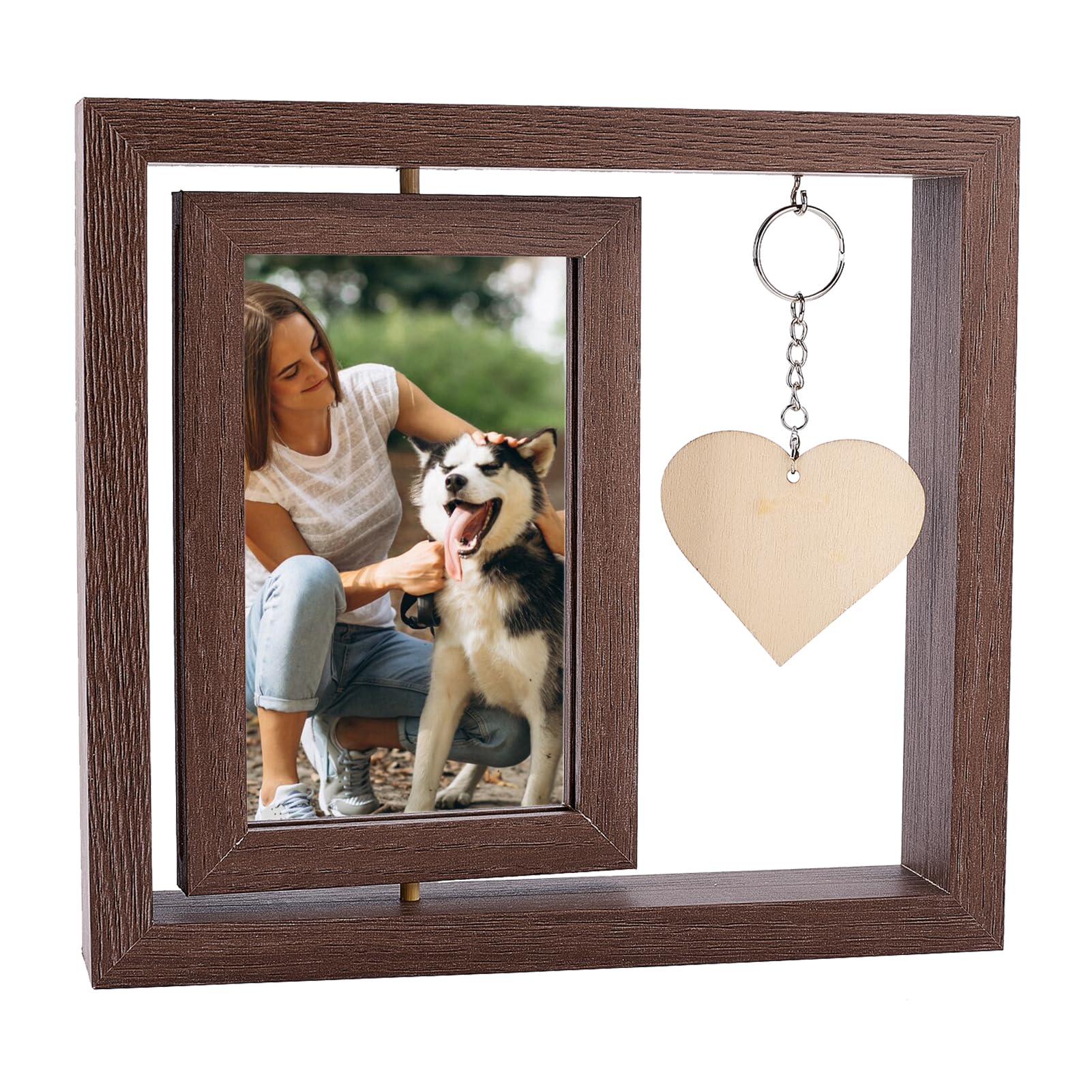 NICENEEDED Wooden Rotating Picture Frame, Double Sided Display Photo Frames with Heart Pendant