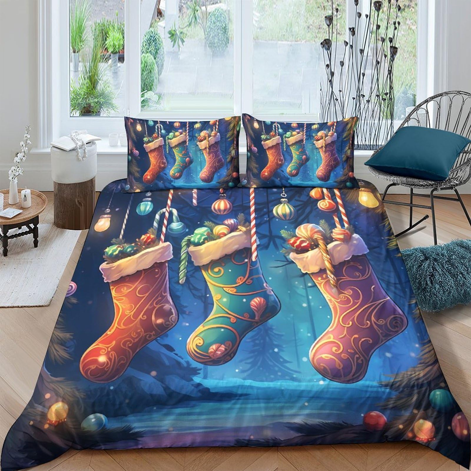 Ctjqhvkz Style-1 3D Printed Christmas Stockings Fitted Sheet Microfiber Soft Festive Bed Cover For Bedroom Guest Room Decor Single（135X200cm）