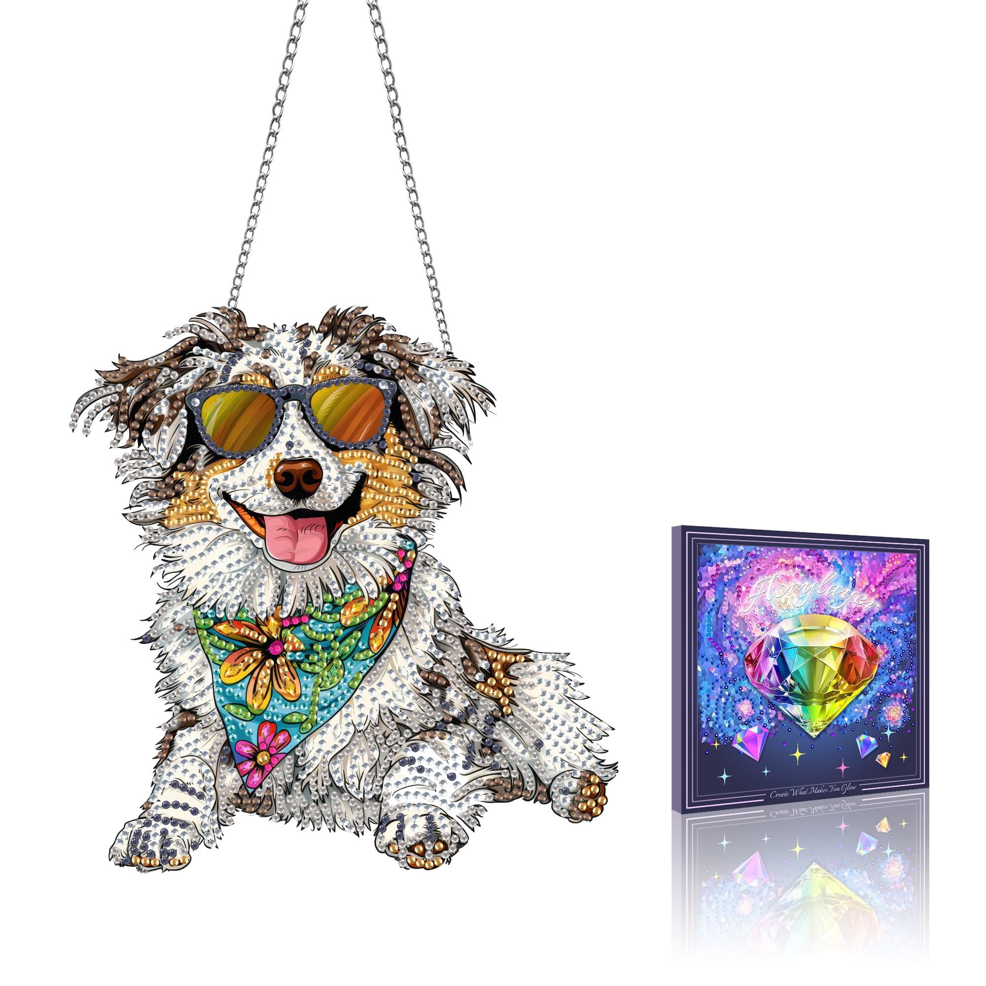 VAIIEYO Dog Diamond Painting Hanging Ornament, Window Hanging Kit with Chain, Special Shaped Crystal Pendant Animal Diamond Art Craft for Gift Home Wall Front Door Garden Decoration