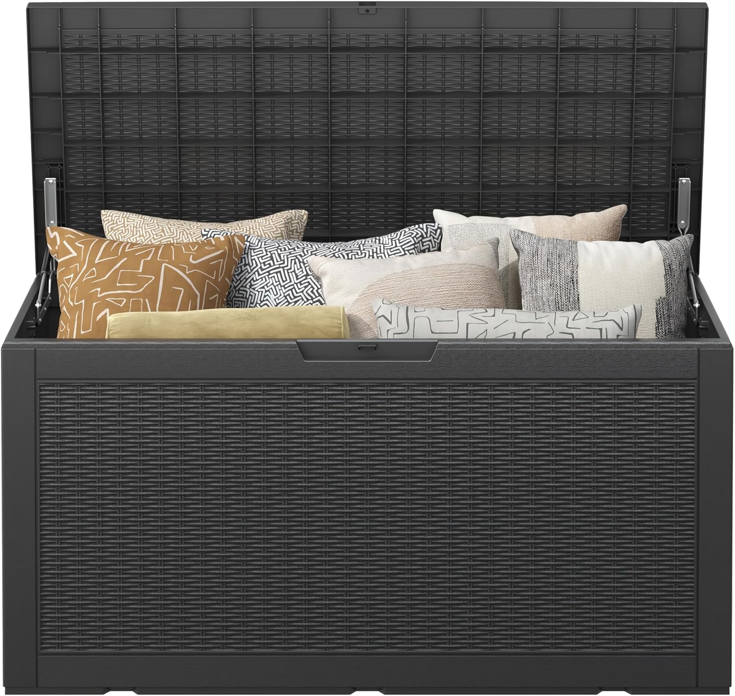 100 Gallon Extra Large Resin Deck Box with Hydraulic Rod ，Outdoor storage box with lockable lid, waterproof material, suitable for patio furniture, pool tools, outdoor equipment, gardening tools