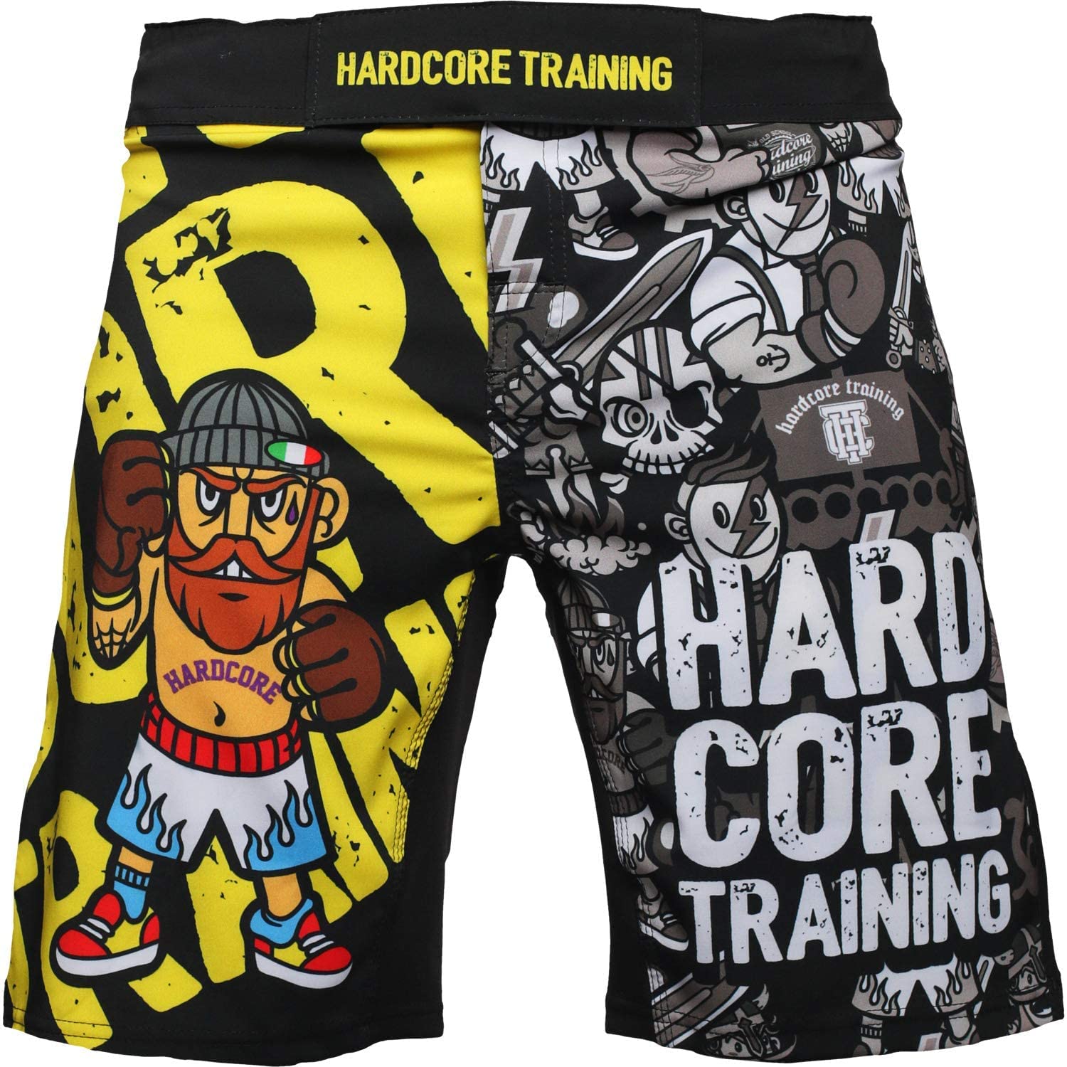 Hardcore Training Fight Shorts Boks Męski Szorty do Walki MMA Combat BJJ Grappling Fitness Muay Thai Kickboxing No Gi (DE/NL/SE/PL, Alfa, S, Regularny, Regularny, Czarny Żółty)