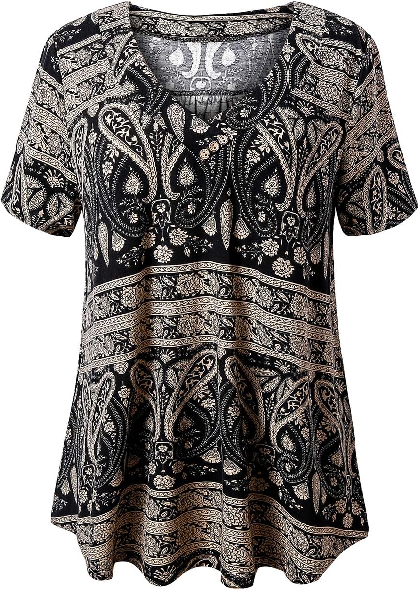 FOLUNSIWomen’s Plus Size Short Sleeve Henley Shirt V Neck Floral Blouses Tunic Tops M-4XL