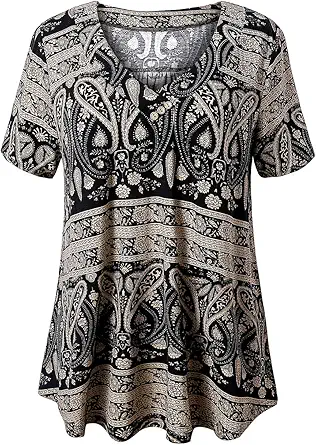 FOLUNSI Womens Plus Size Short Sleeve Henley Shirt V Neck Floral Blouses Tunic Tops M-4XL
