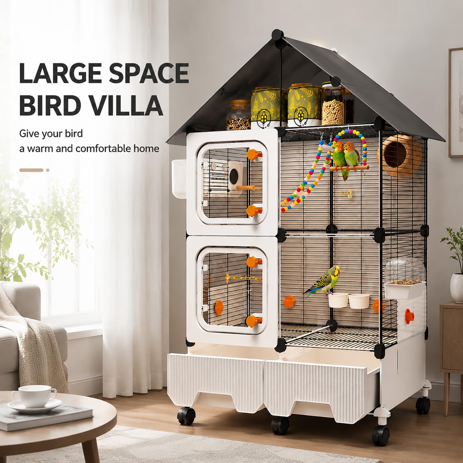 Jaula Grande para Pájaros con Ruedas – Aviario Espacioso para Periquitos, Conures y Agapornis, Jaula para Loros con Almacenaje Superior y Columpio para Interior y Exterior White