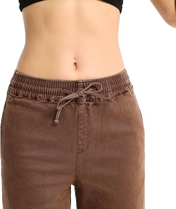 Women's Elastic Waist Wide Leg Pants High Waist Tummy Control Straight Leg Drawstring Lounge Sweat Jeans with Pocke